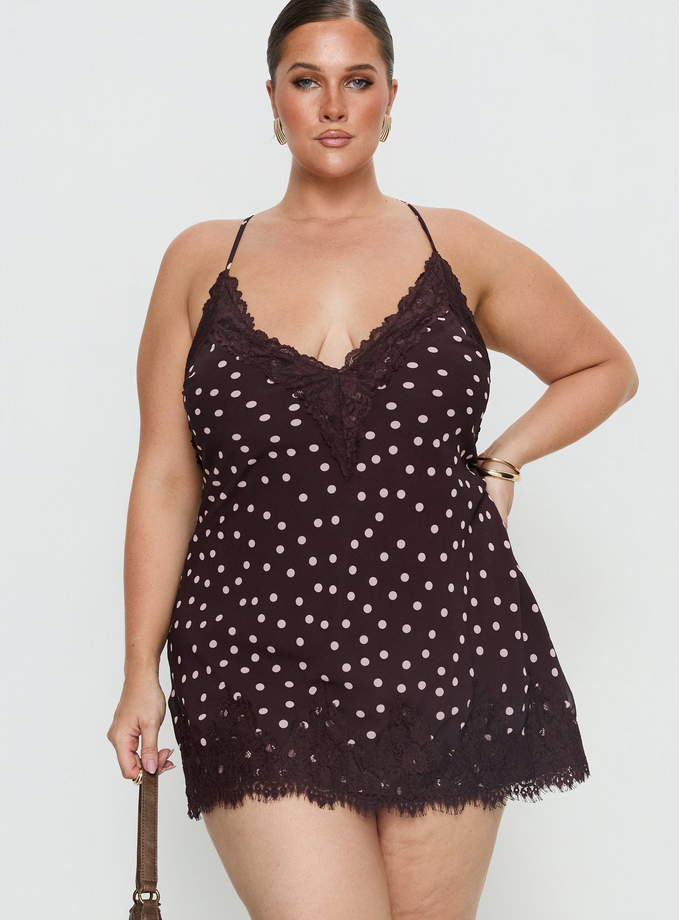 Alternative view of Call My Lover Lace Slip Mini Dress Brown Polka Curve