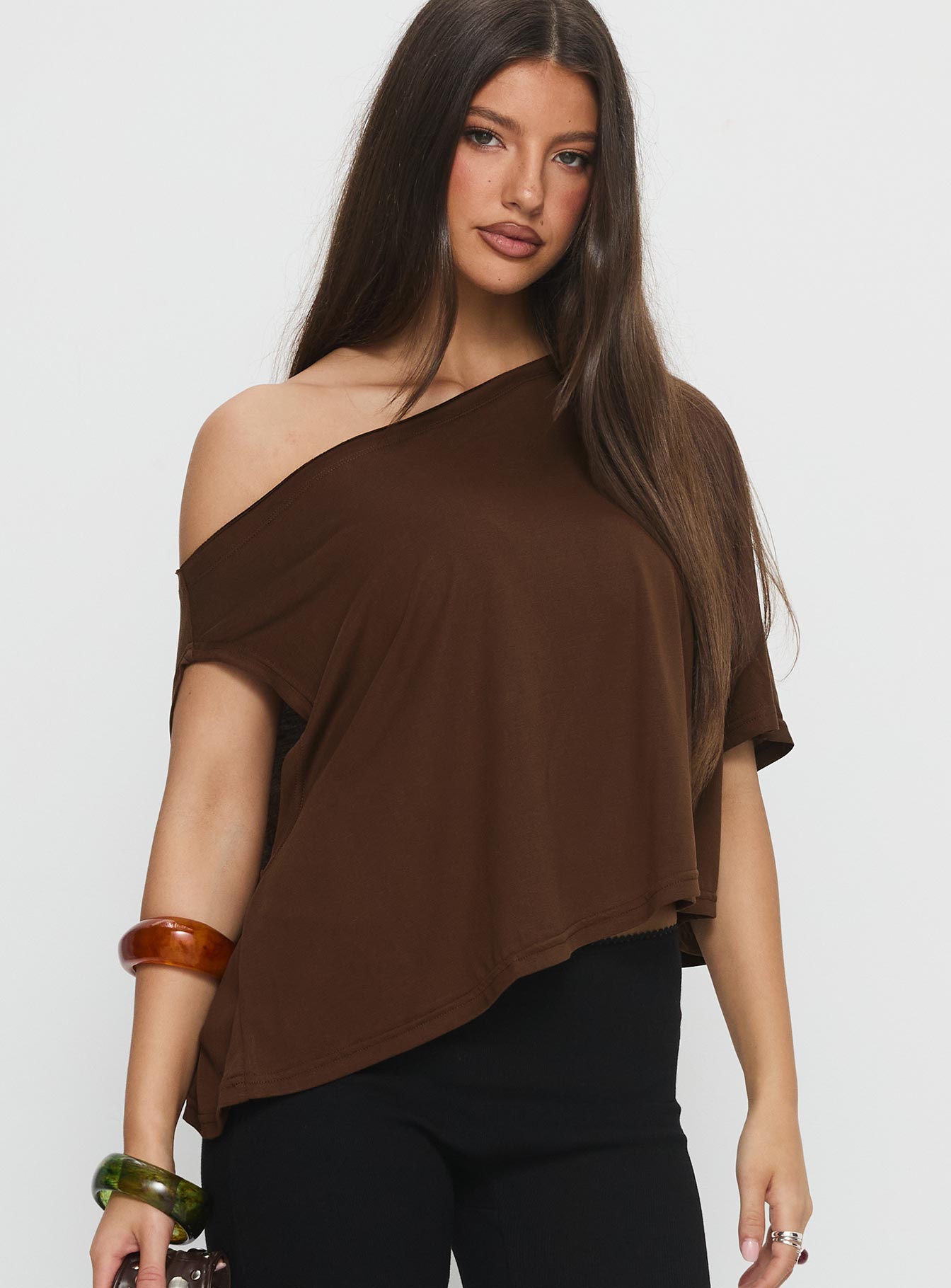 Alternative view of Passerby Asymmetrical Off Shoulder Top Brown