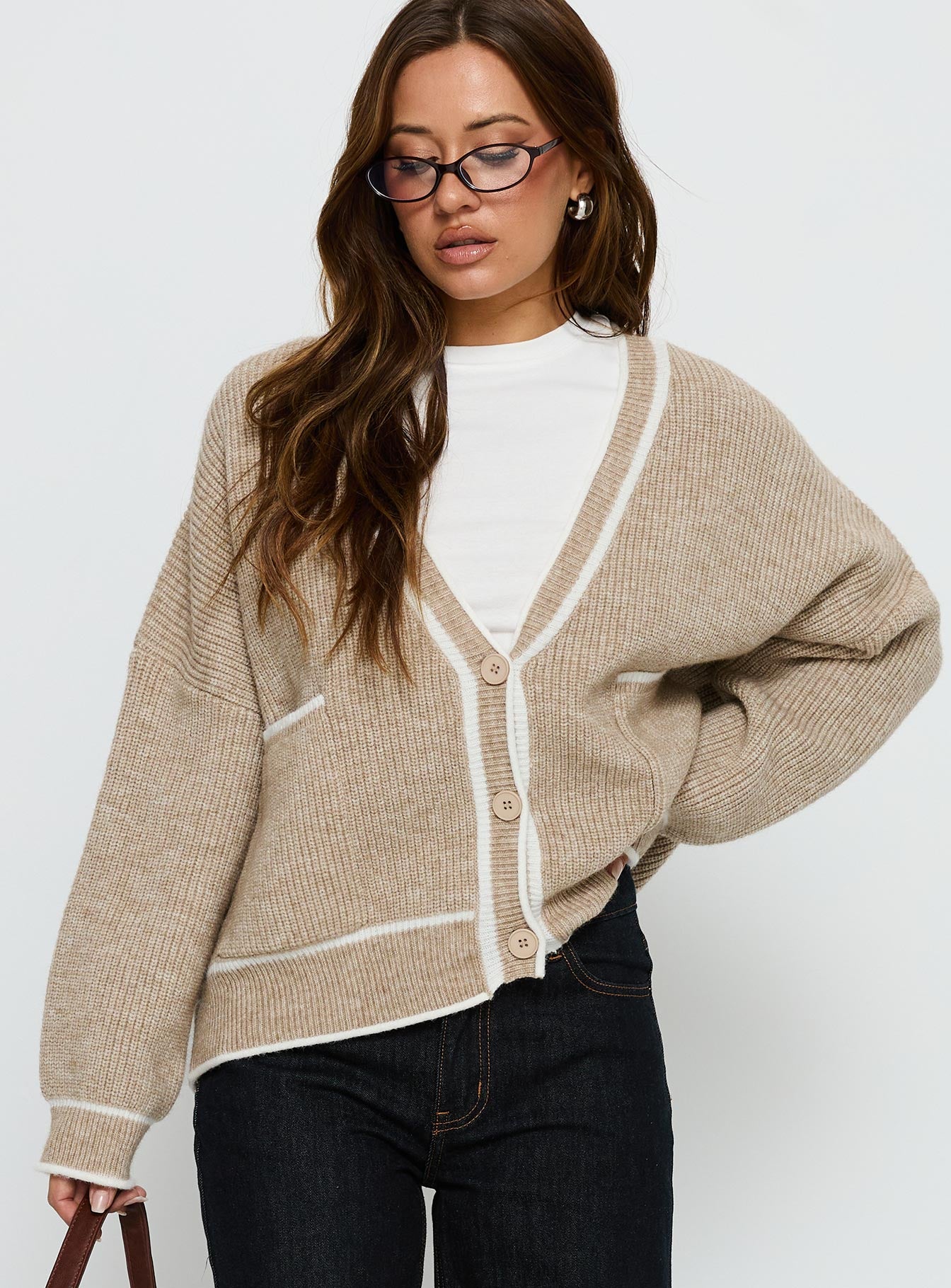 Alternative view of Cressara Contrast Knit Cardigan Beige / White