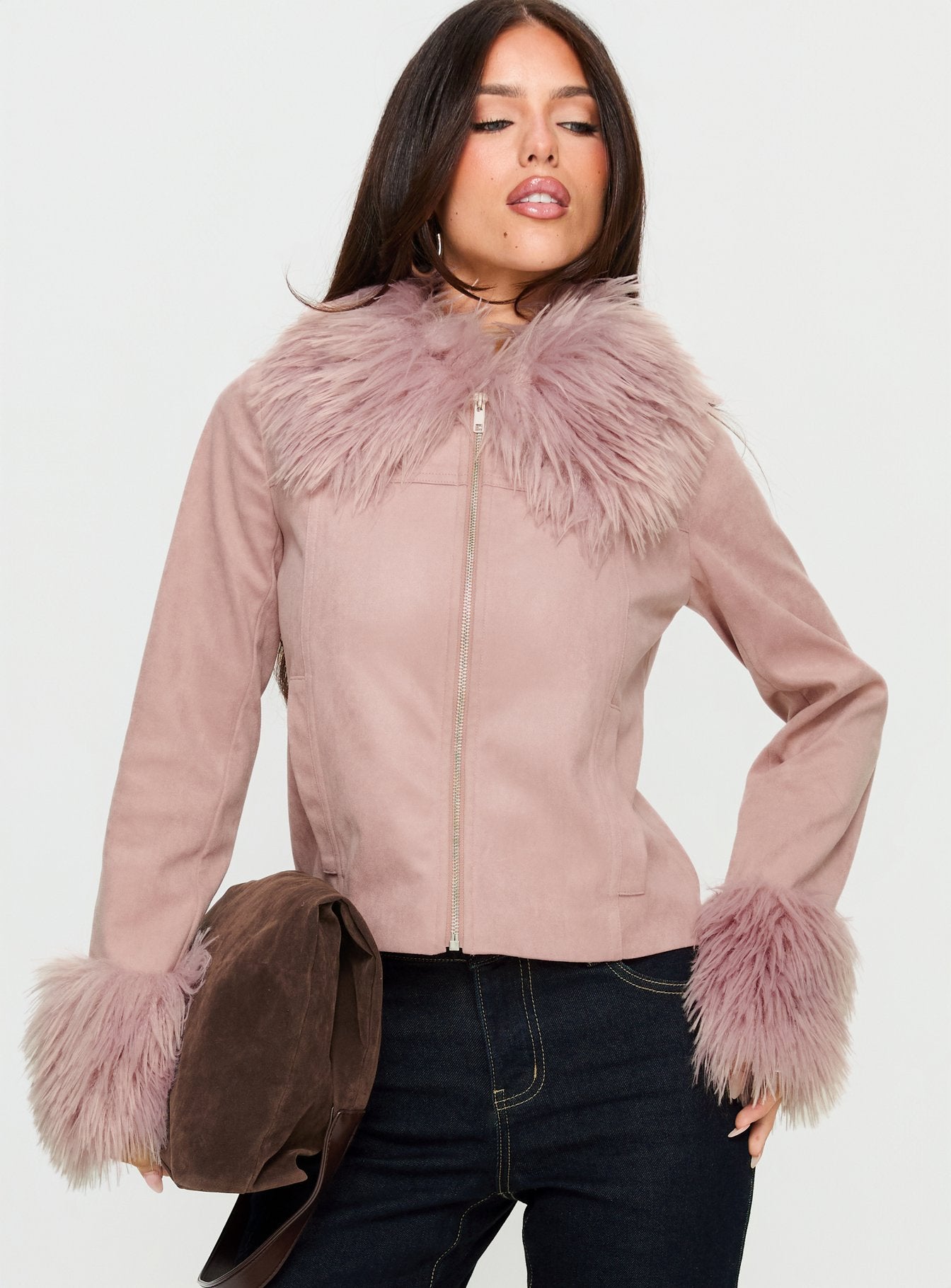 Alternative view of Jeanna Suede Faux Fur Detail Jacket Pink