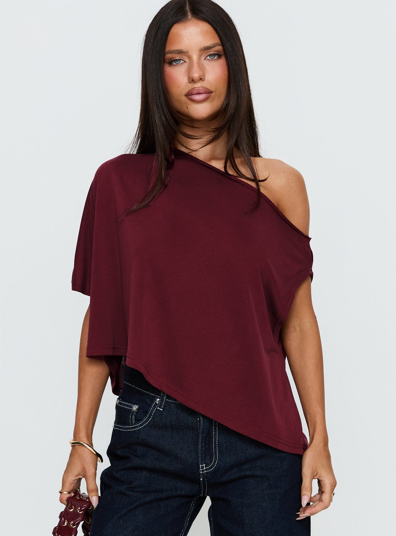 Alternative view of Passerby Asymmetrical Off Shoulder Top Burgundy