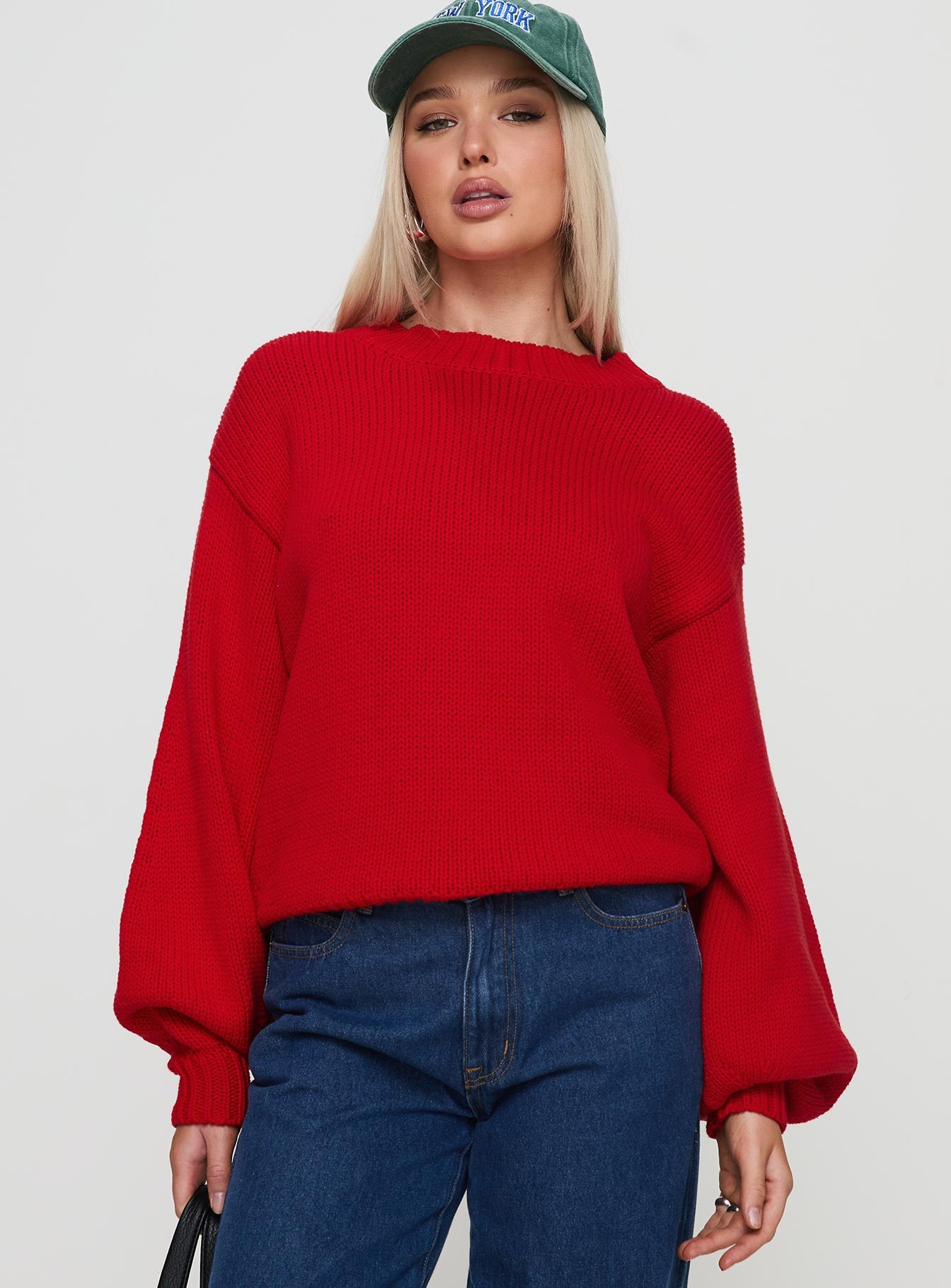 Alternative view of Harmony Balloon Sleeve Knit Sweater Red