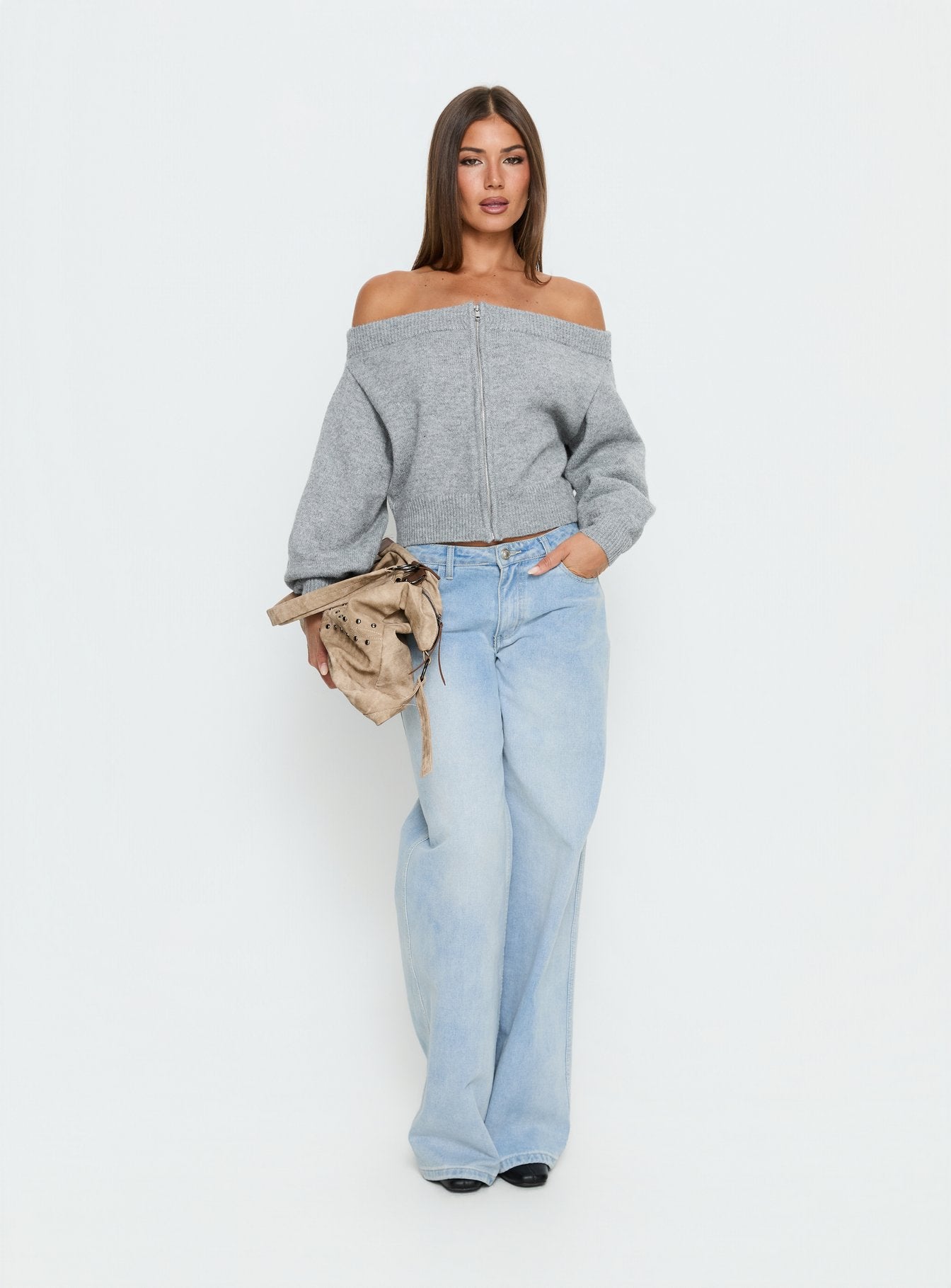 Ortensa Off Shoulder Zip Through Jumper Grey Marle - Image 2