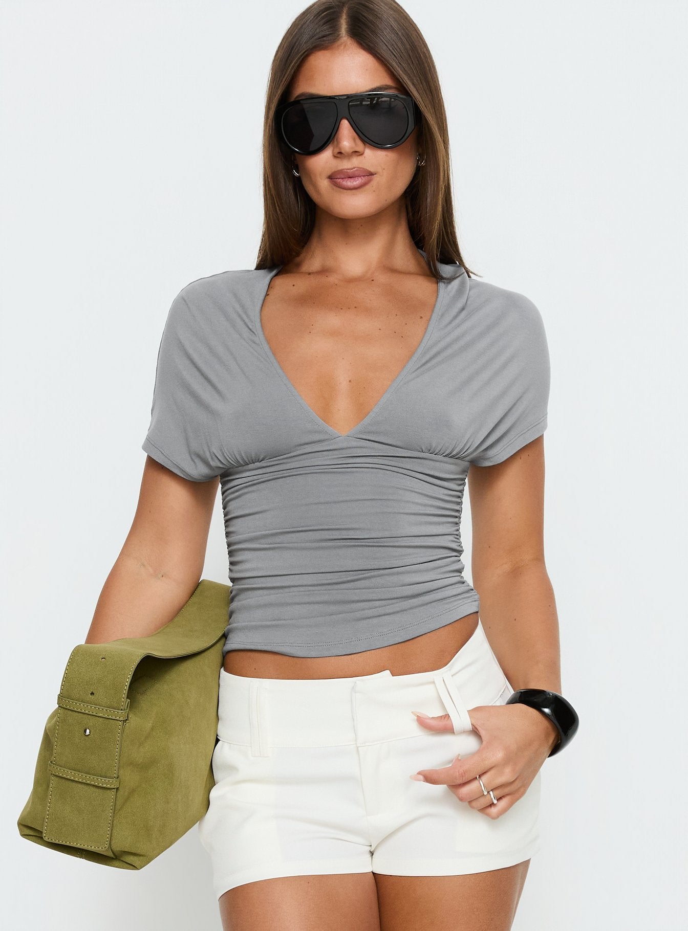 Alternative view of Osari Ruched Short Sleeve Jersey Top Grey