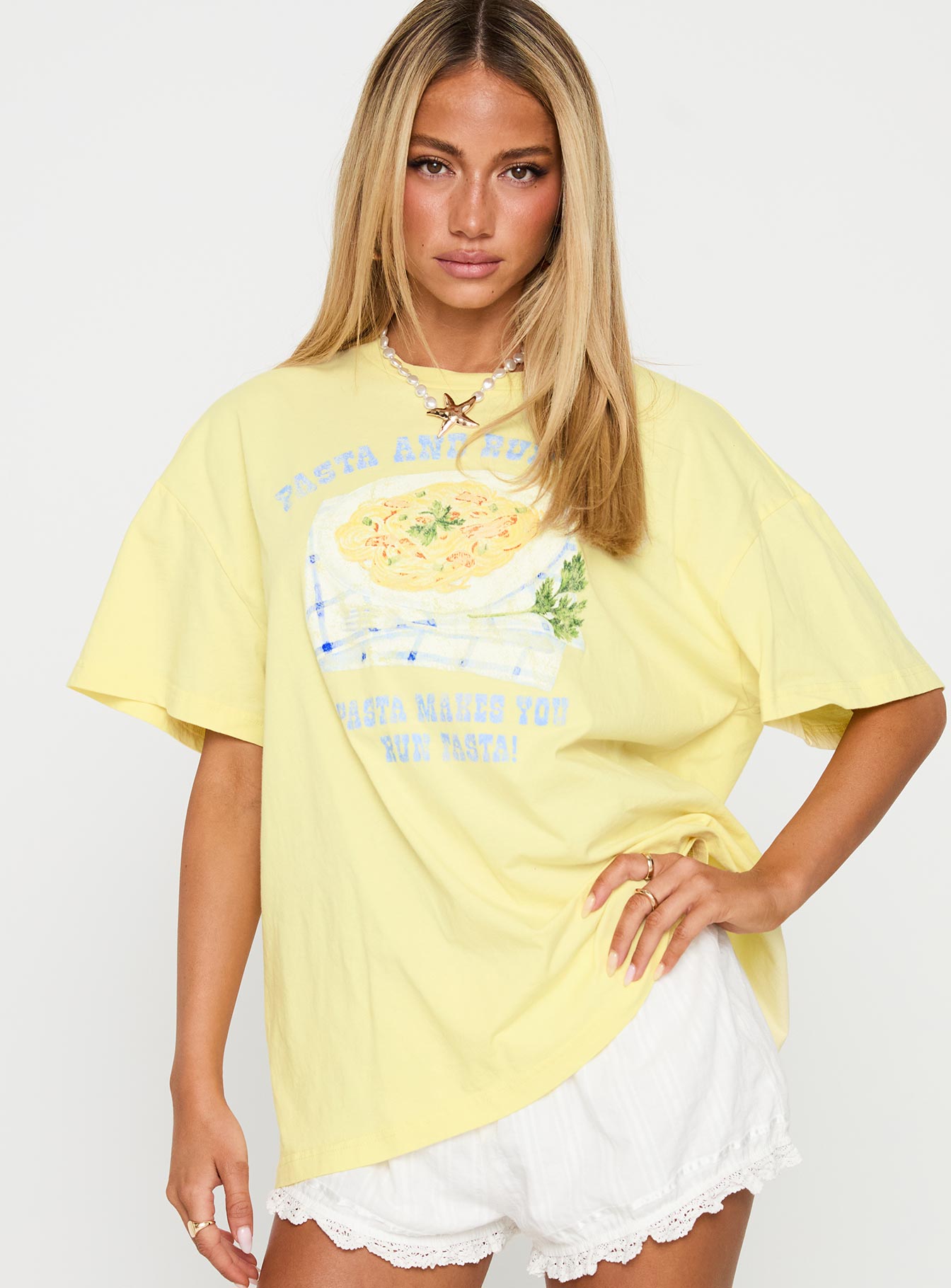 Alternative view of Pasta Makes You Fasta Oversized Tee Yellow