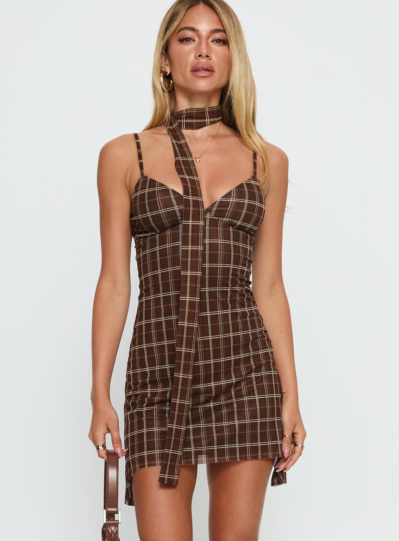 Alternative view of Love Unknown Scarf Tie Mini Dress Brown Check