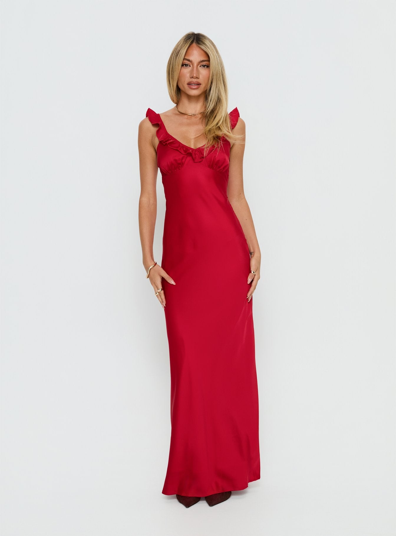 Alternative view of Ondrea Frill V Neck Maxi Dress Red