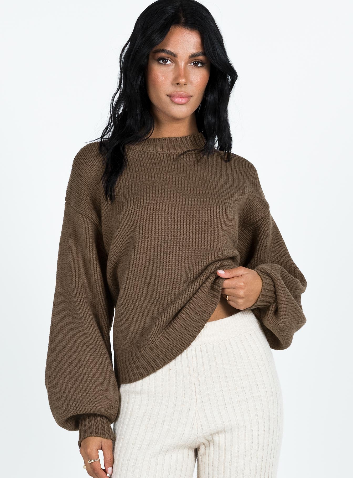 Alternative view of Harmony Balloon Sleeve Knit Sweater Dark Brown