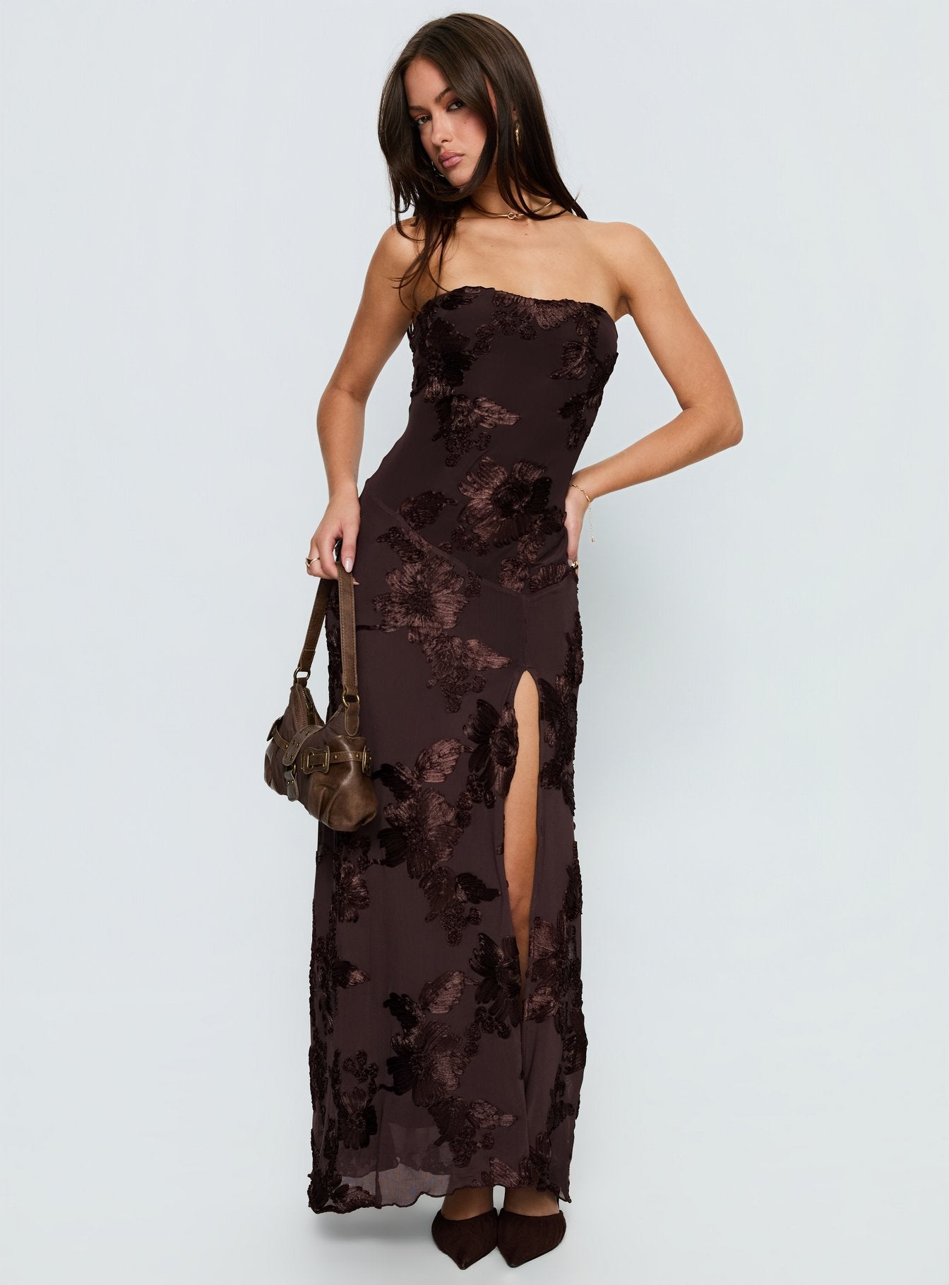 Alternative view of Maribeth Strapless Floral Maxi Dress Chocolate Brown
