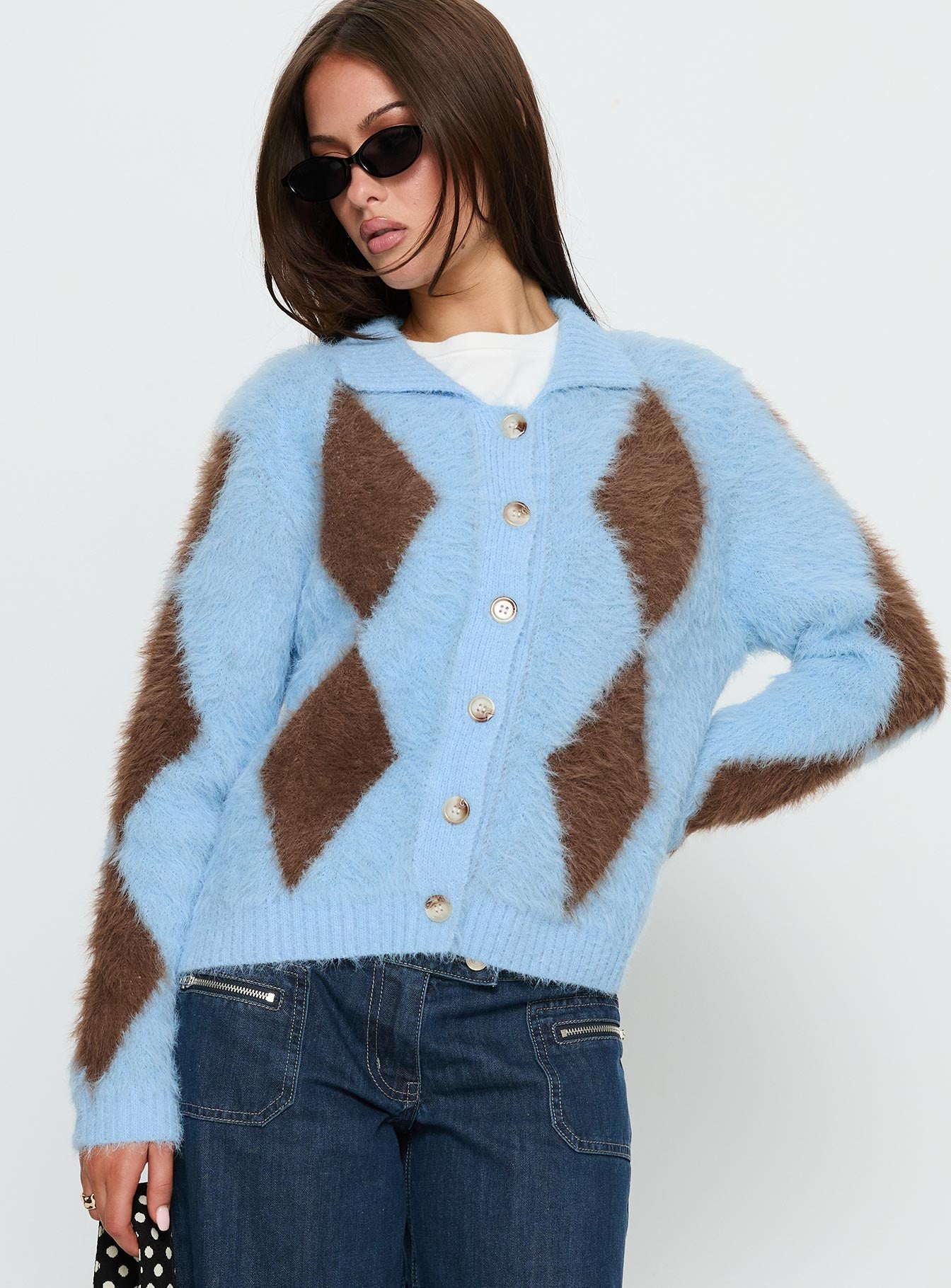 Alternative view of Lynnsey Fluffy Collared Knit Sweater Blue Argyle