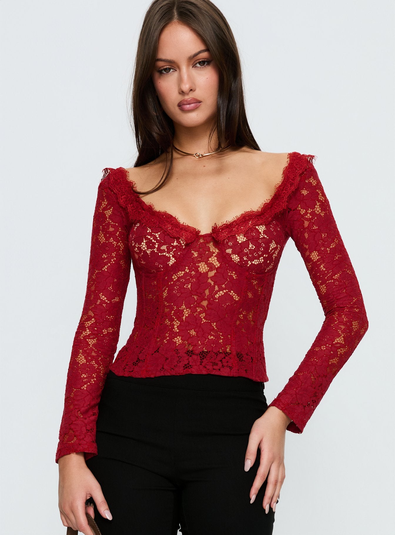 Alternative view of Miquela Long Sleeve Corset Lace Top Red