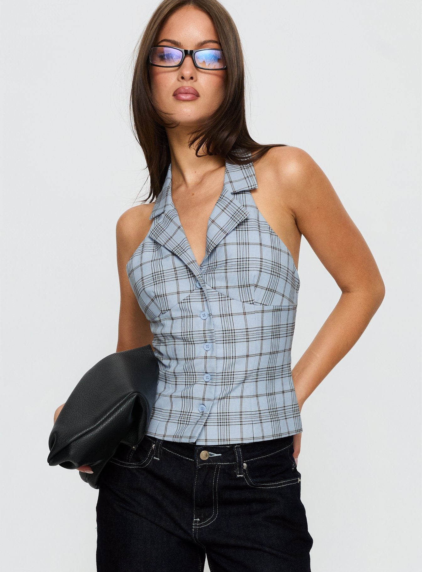 Alternative view of Lure Button Up Sleeveless Top Baby Blue Plaid