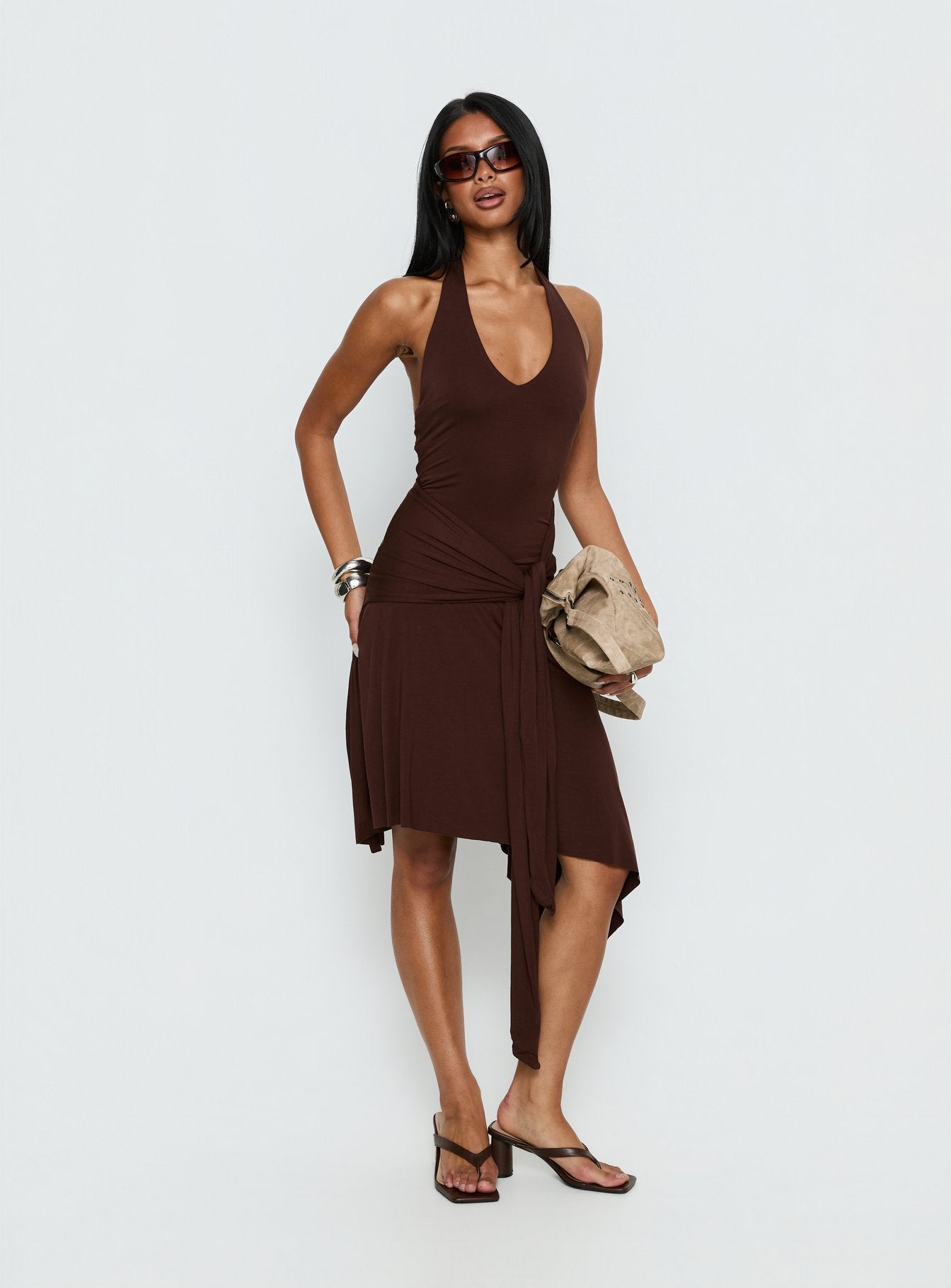 Alternative view of Moonlit Honey Asymmetrical Halter Jersey Midi Dress Chocolate