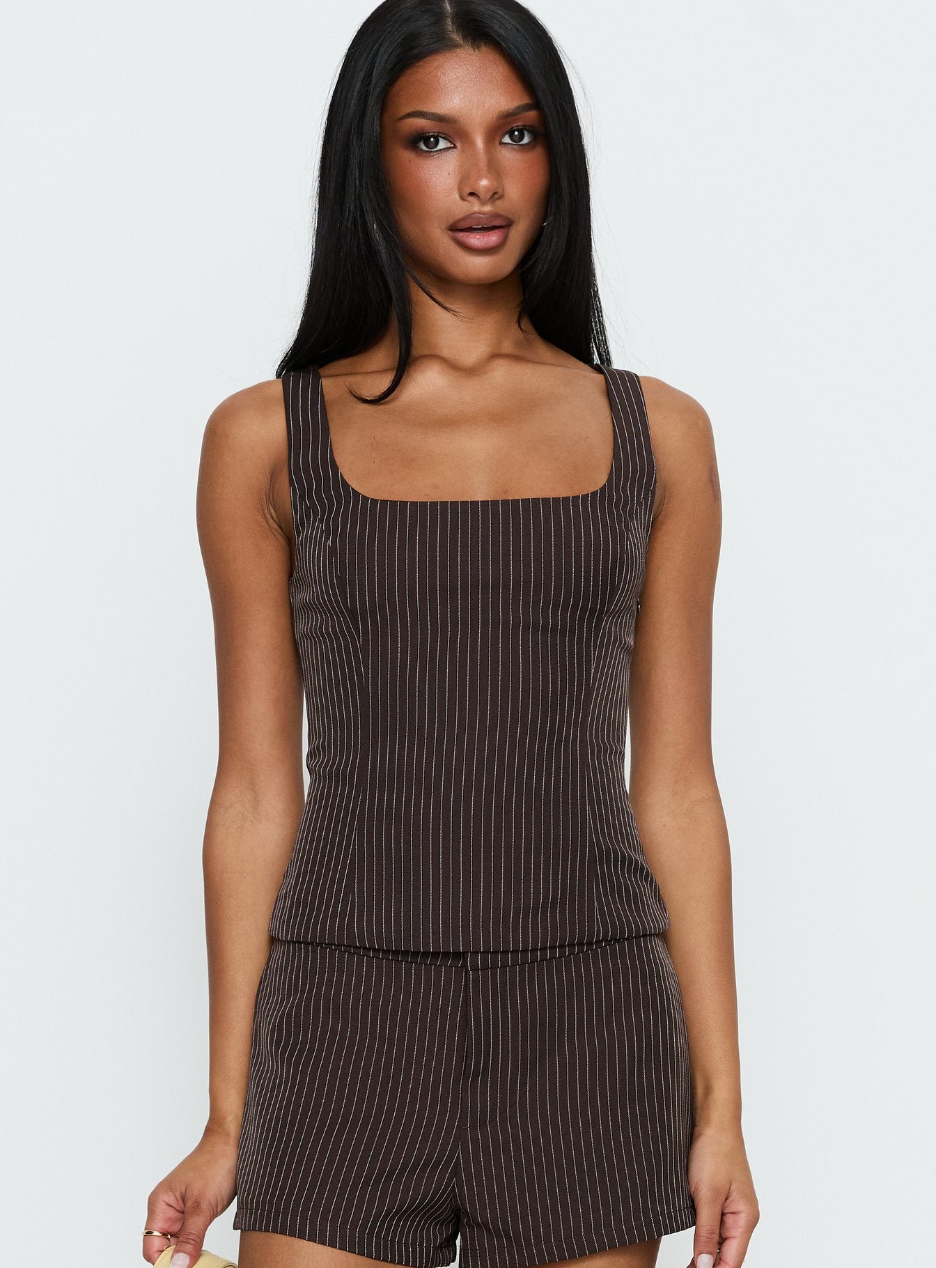 Alternative view of Party Invitations Tailored Top Brown Pinstripe