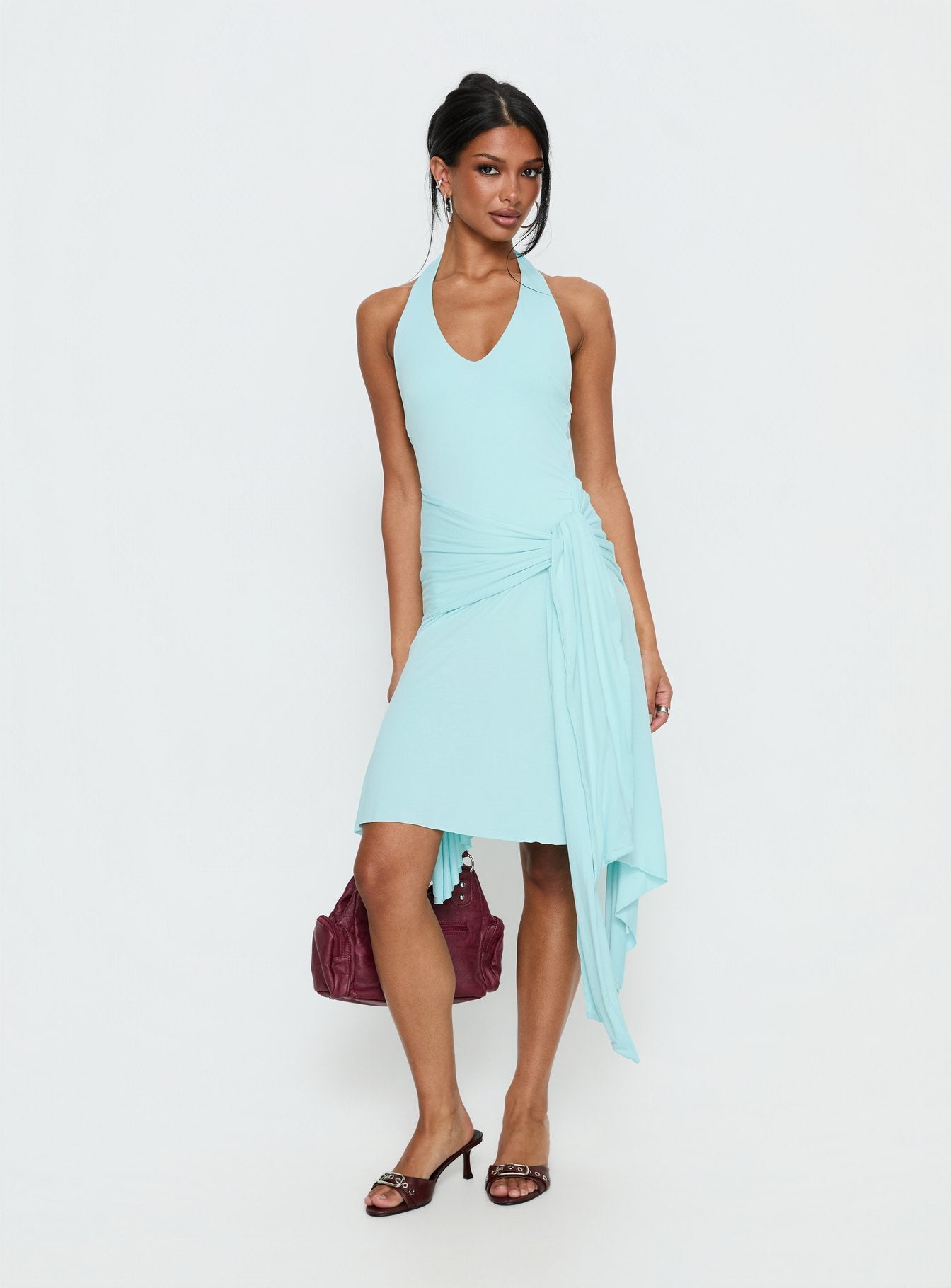 Alternative view of Moonlit Honey Asymmetrical Halter Jersey Midi Dress Turquoise