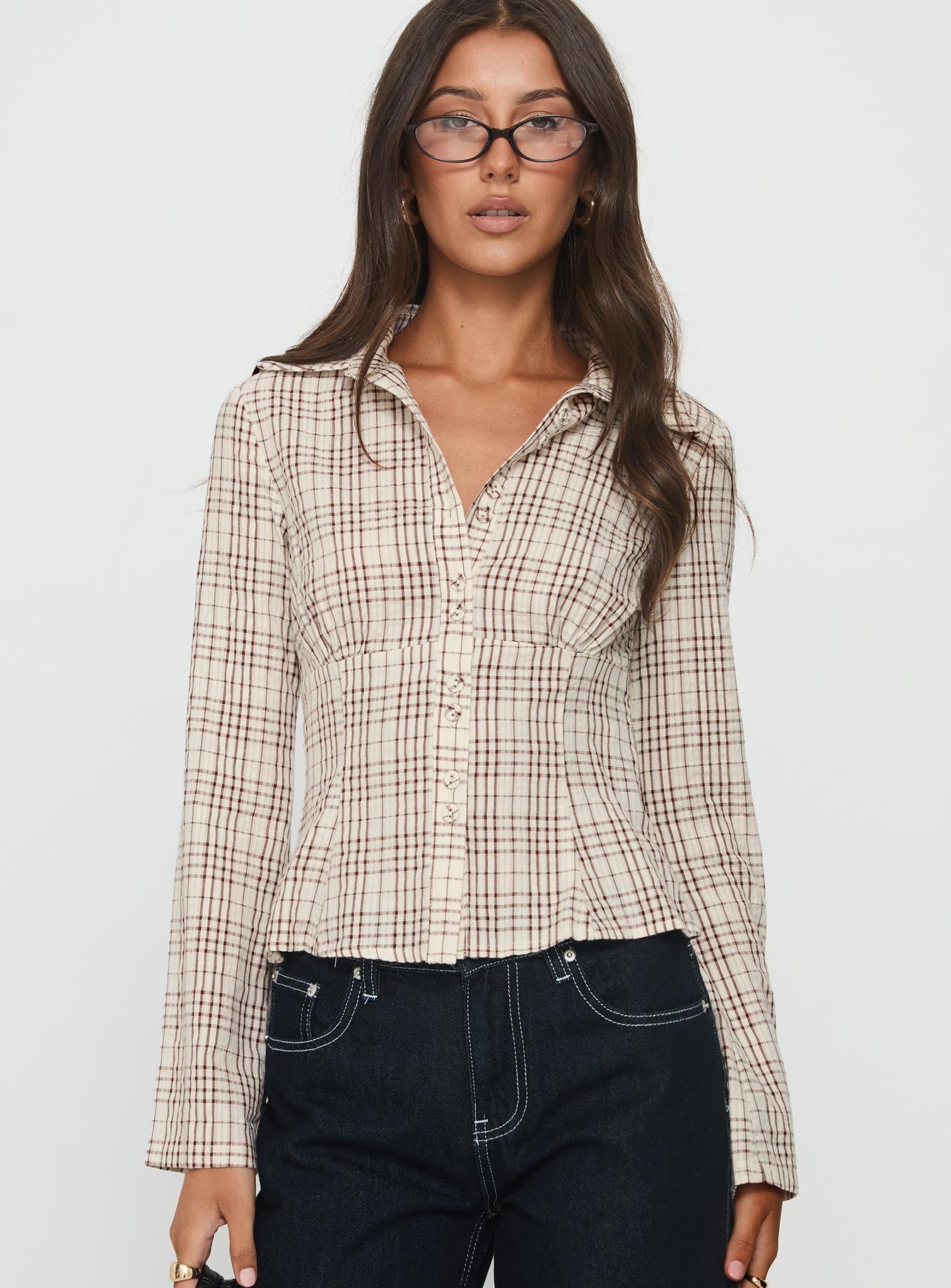 Alternative view of Cottesloe Long Sleeve Blouse Top Brown Check