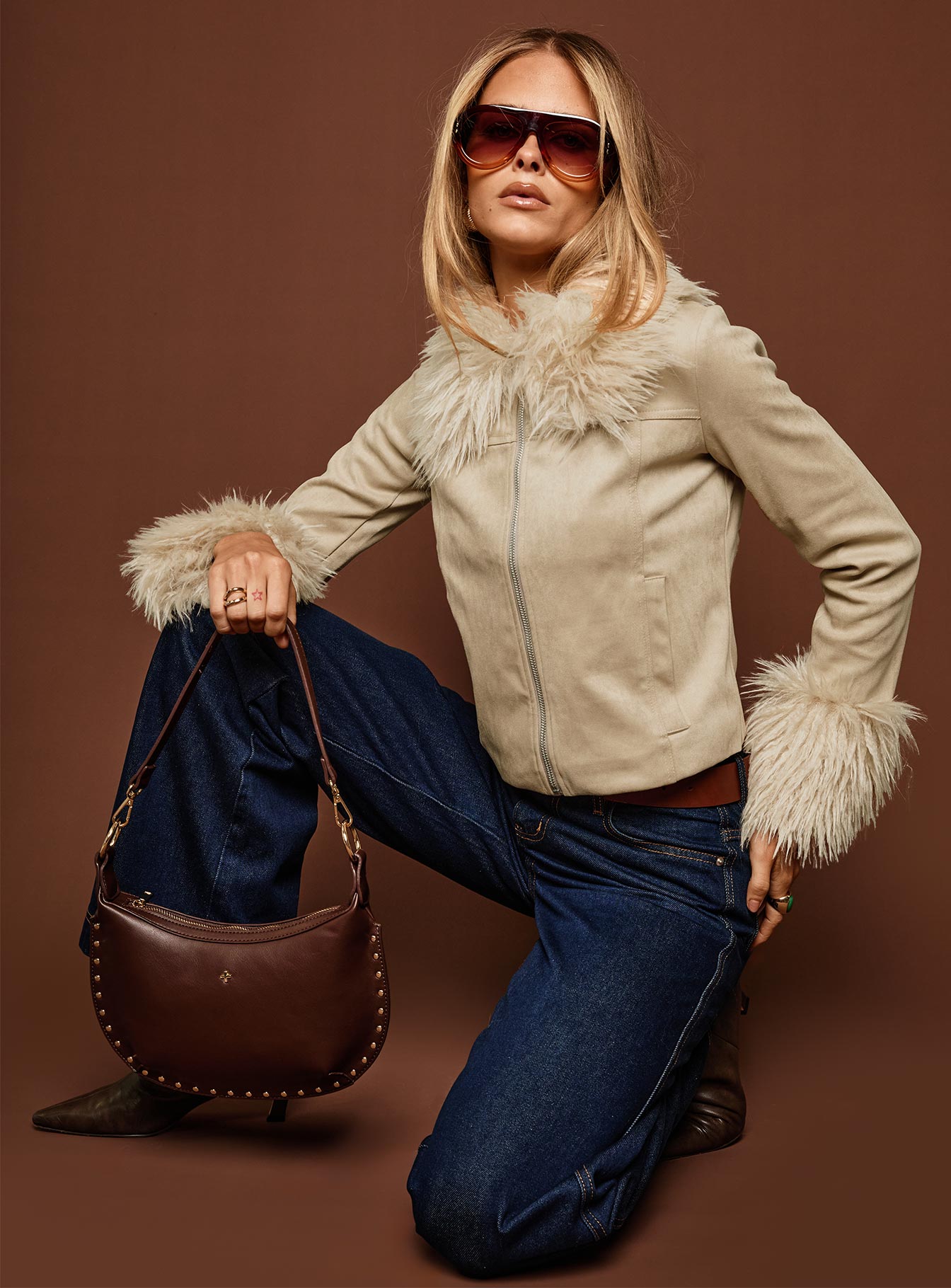 Alternative view of Jeanna Suede Faux Fur Detail Jacket Beige