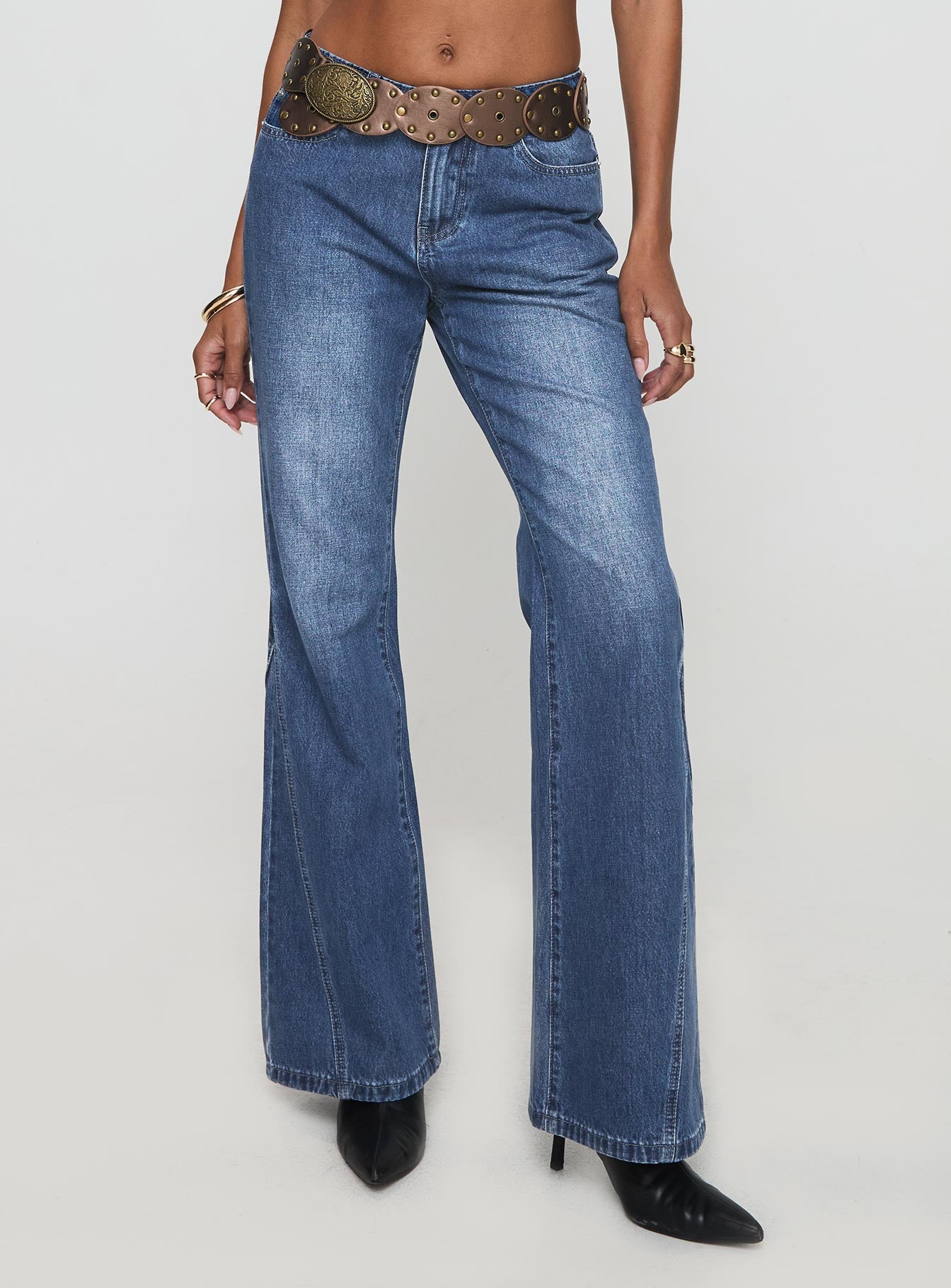 Alternative view of Leslee Mid Rise Flare Jean Mid Wash Blue