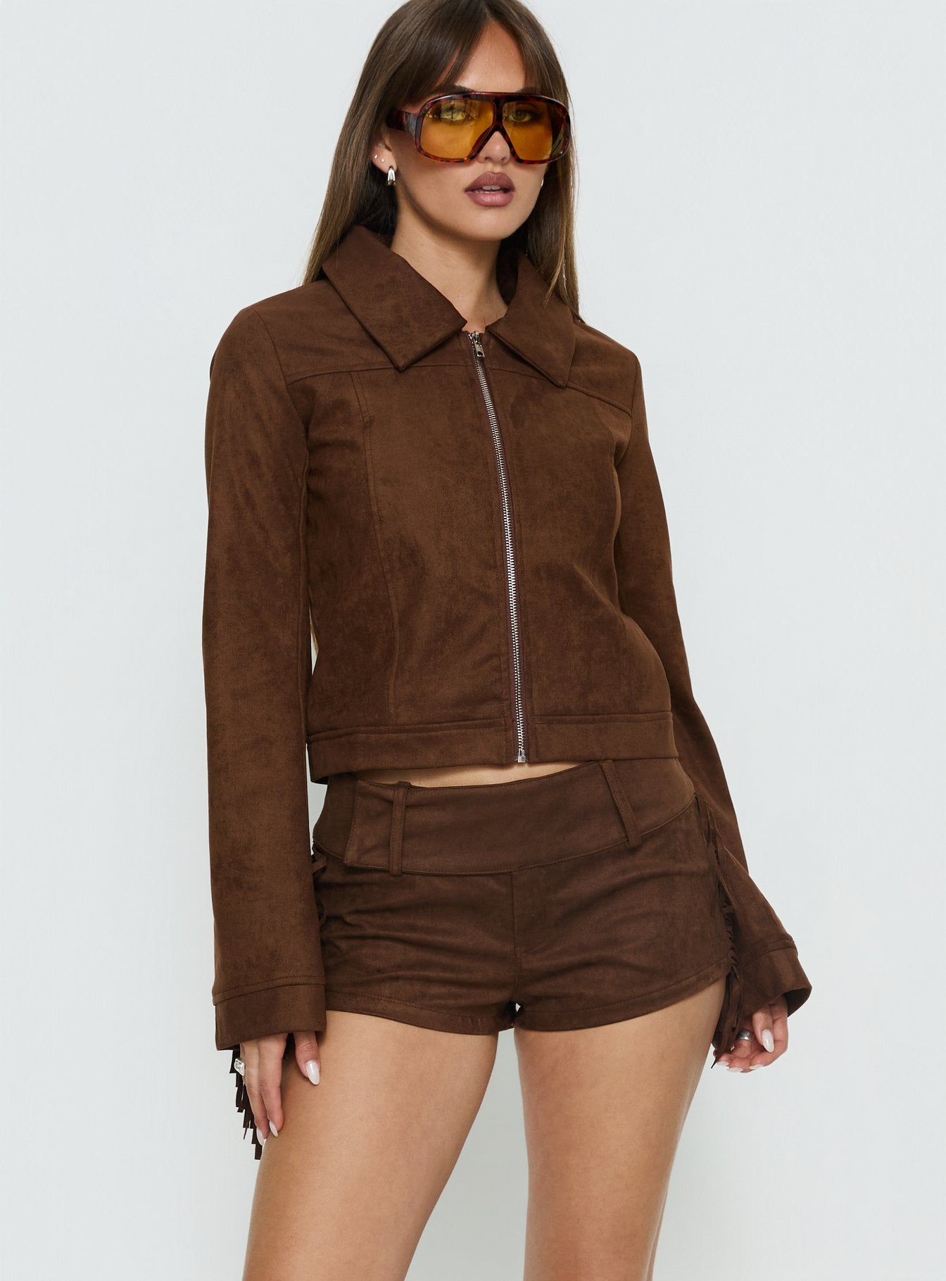 Alternative view of Dakohda Faux Suede Fringe Micro Short Chocolate Brown