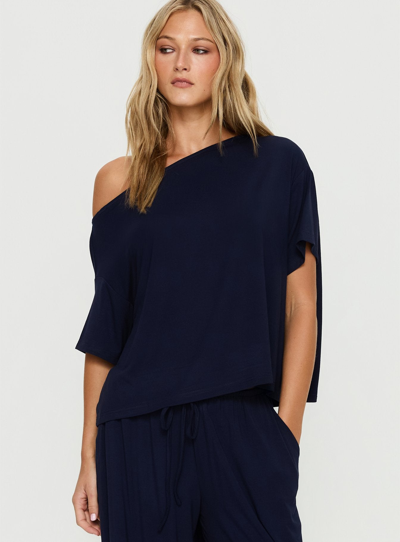 Alternative view of Cozy Hour Sleep Relaxed Off Shoulder Top Navy