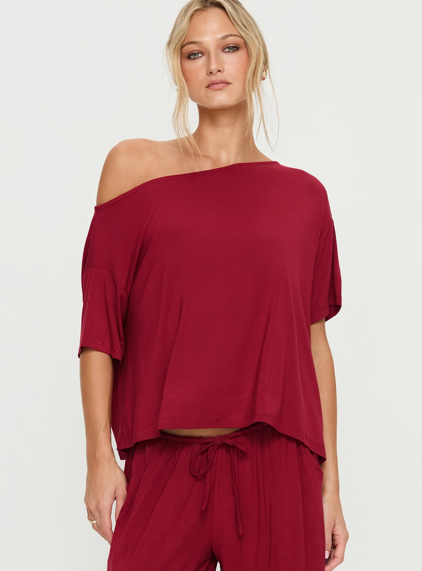 Alternative view of Cozy Hour Sleep Relaxed Off Shoulder Top Red