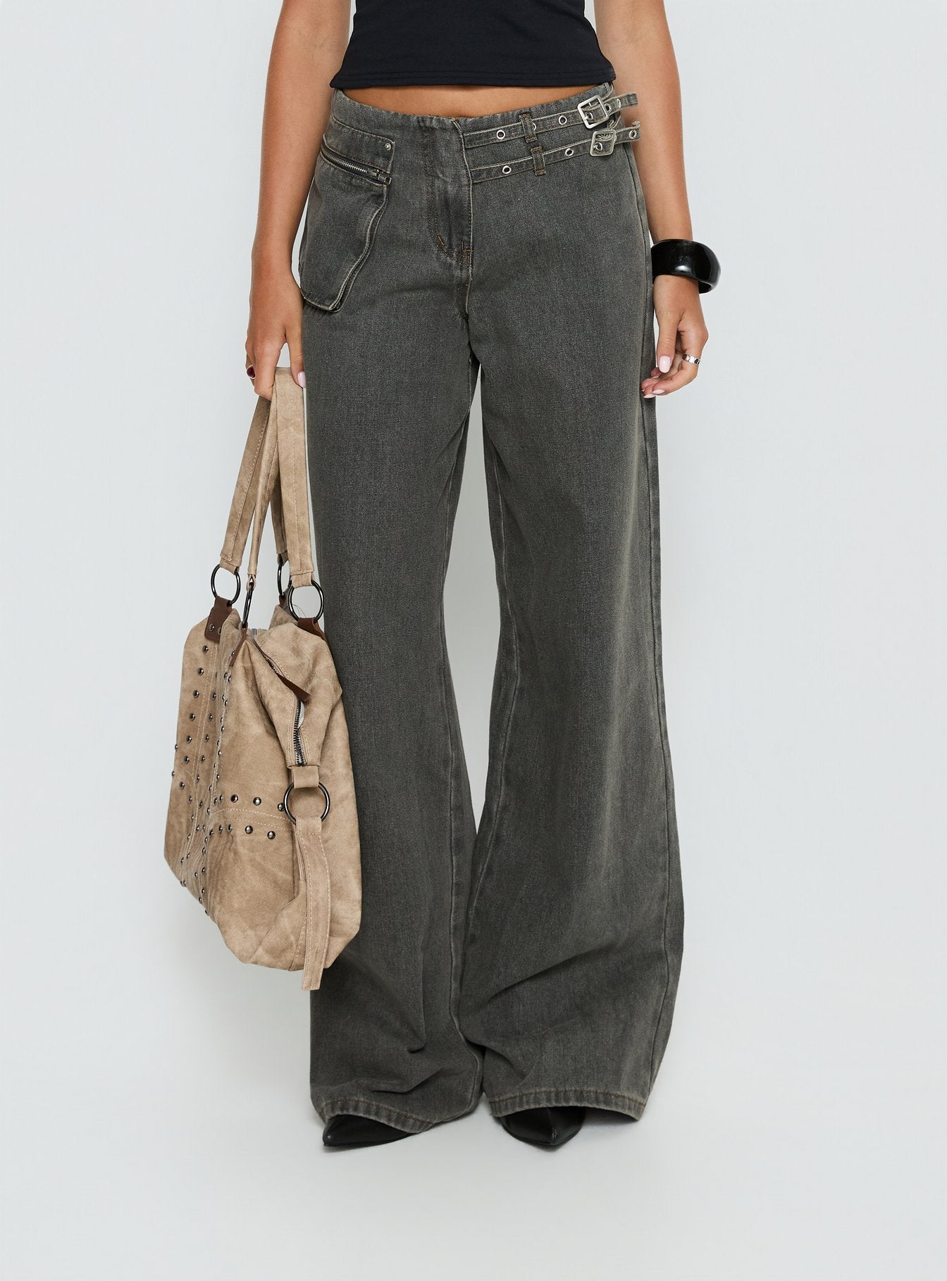 Alternative view of Paltrow Mid Rise Wide Leg Cargo Jeans Washed Grey