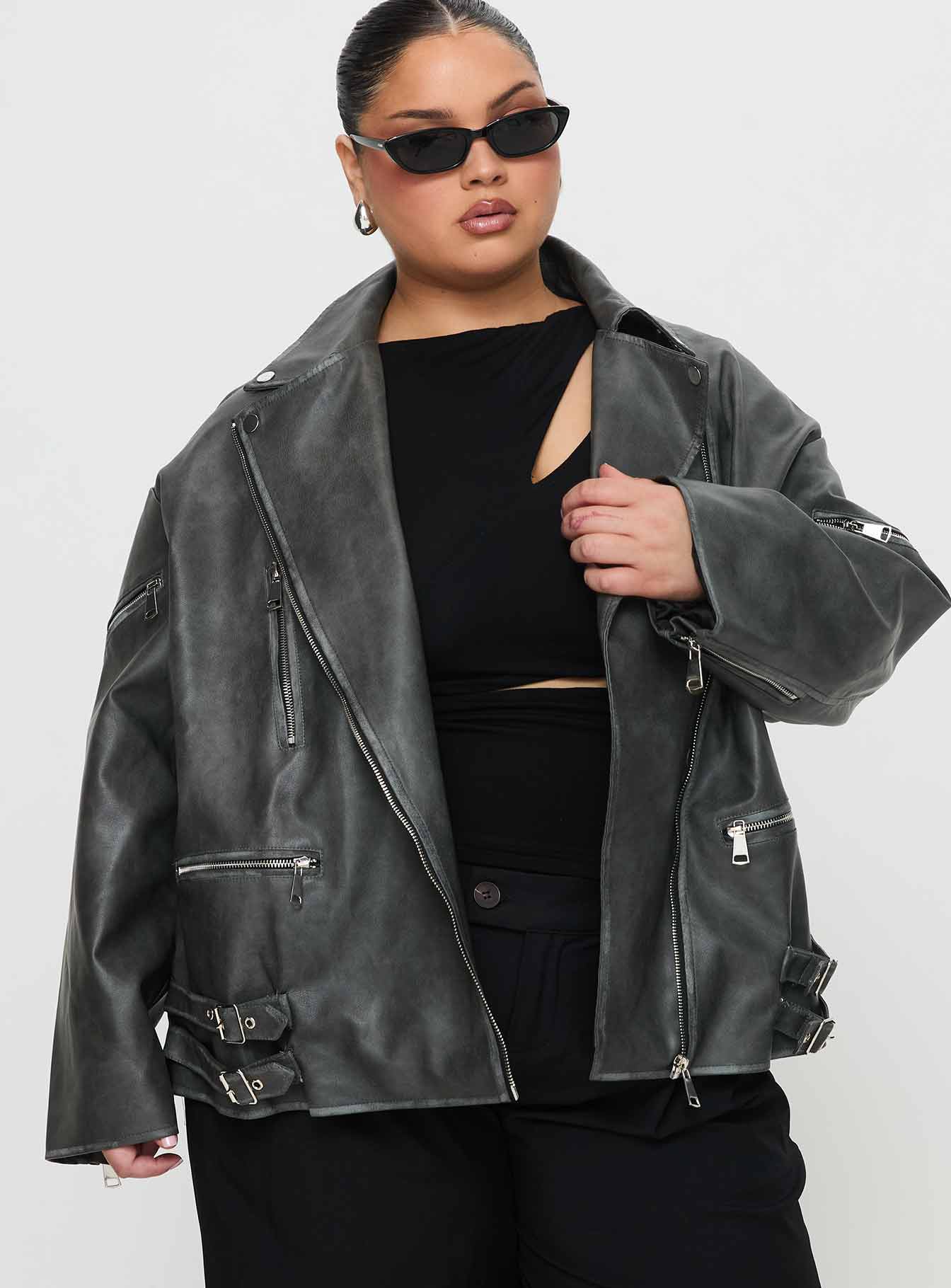 Alternative view of Magnets Faux Leather Jacket Washed Charcoal Curve