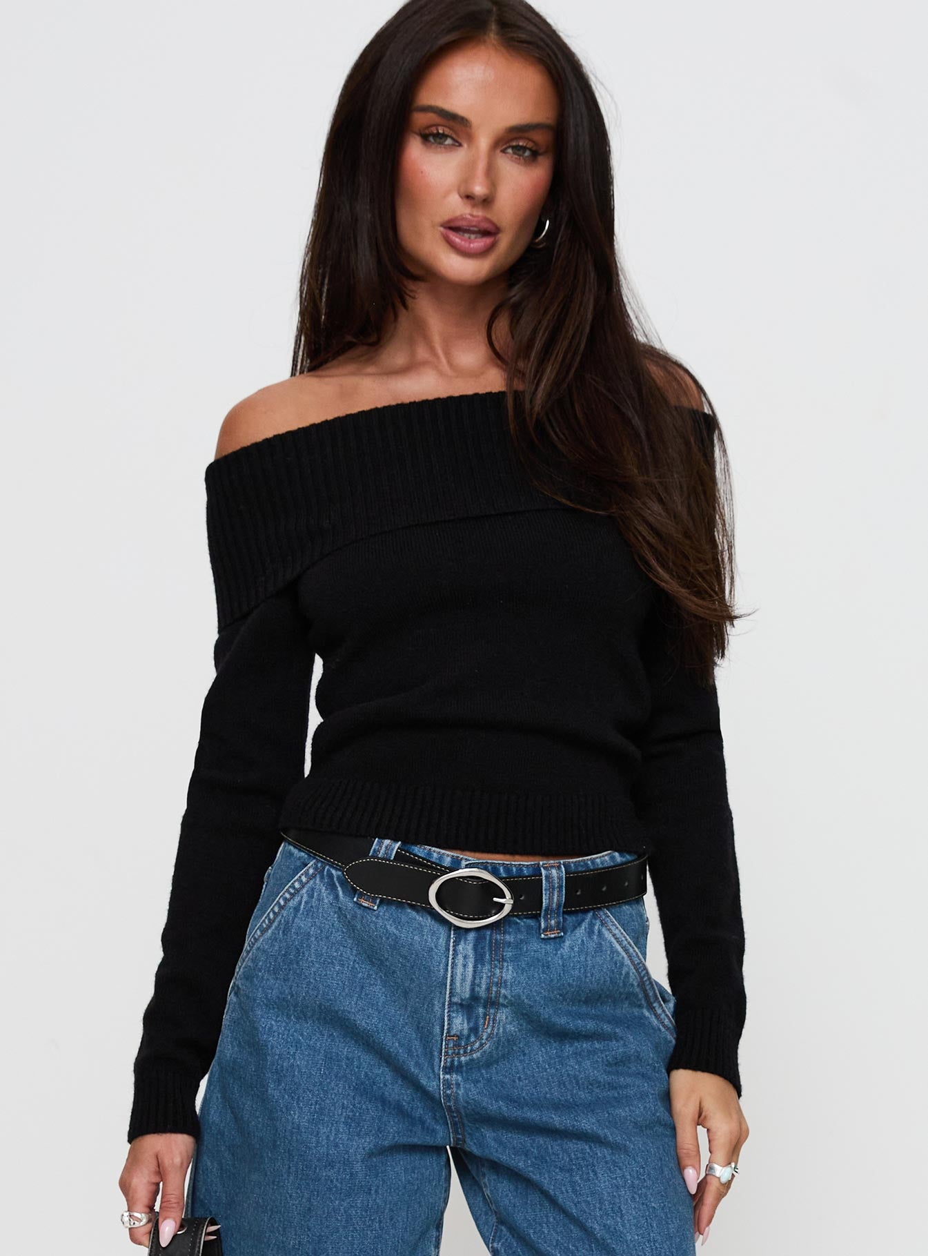 Alternative view of One For Me Off The Shoulder Long Sleeve Sweater Black