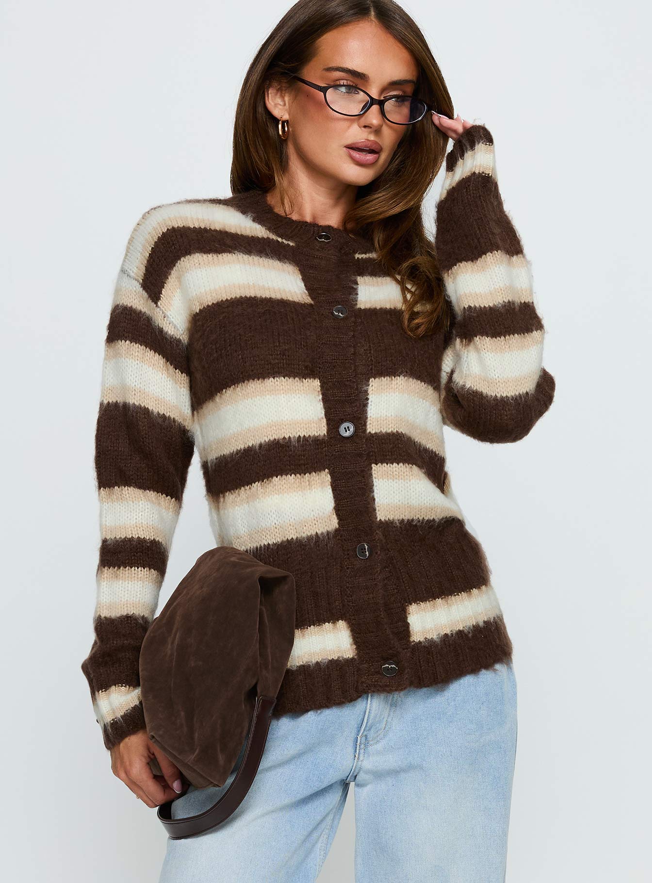 Alternative view of Cultivated Fluffy Knit Cardigan Brown Stripe