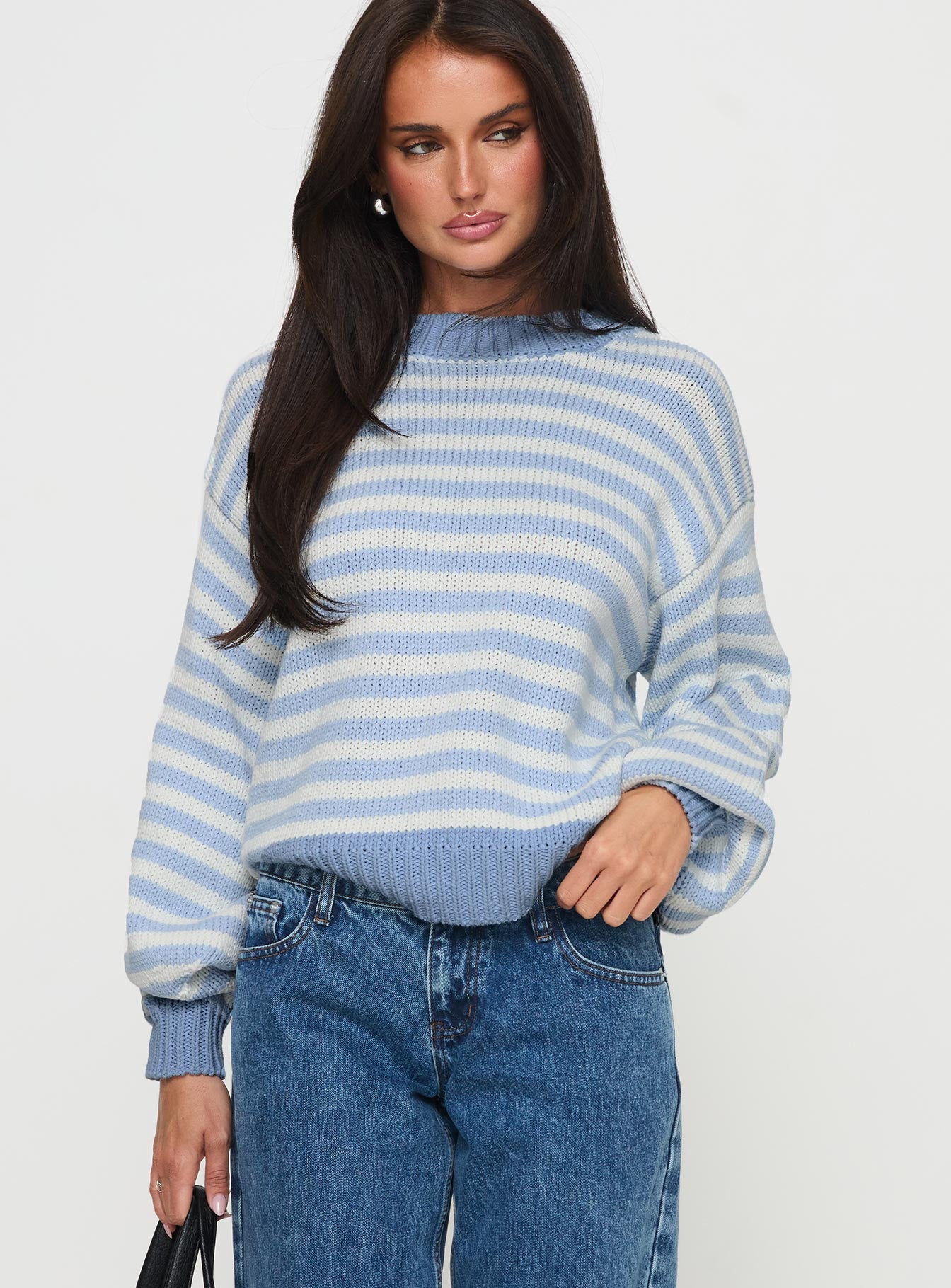 Alternative view of Harmony Balloon Sleeve Knit Sweater Blue / White Stripe
