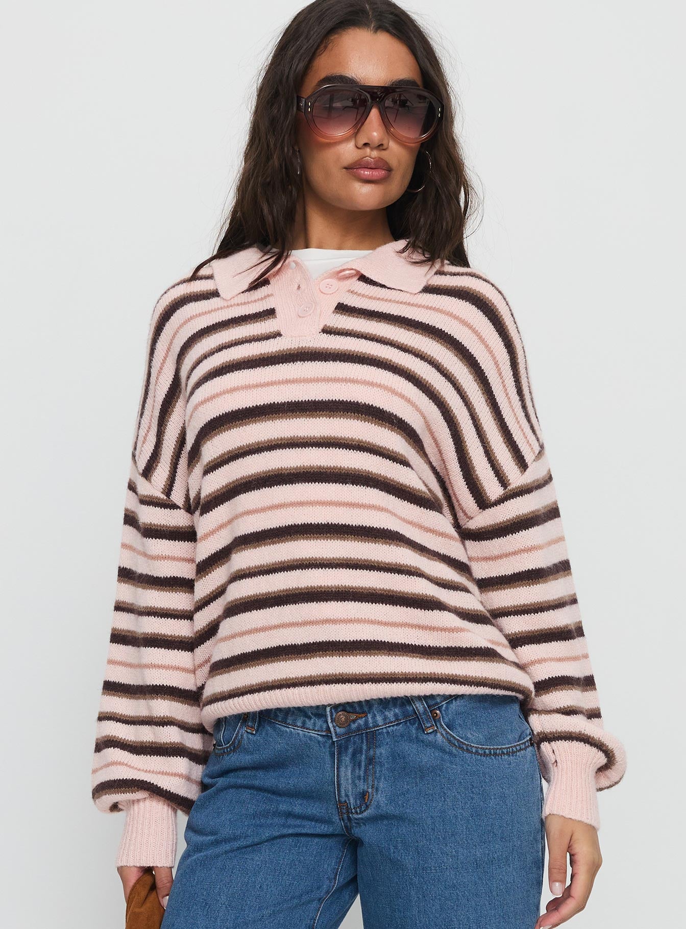 Alternative view of Jeanny Collared Knit Sweater Brown / Pink Stripe