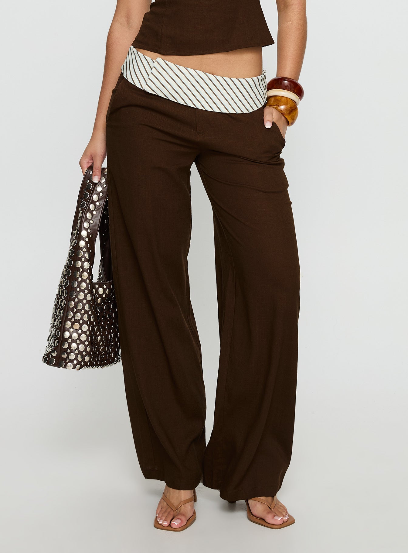 Alternative view of Past Life Fold Over Waistband Pant Brown / Stripe