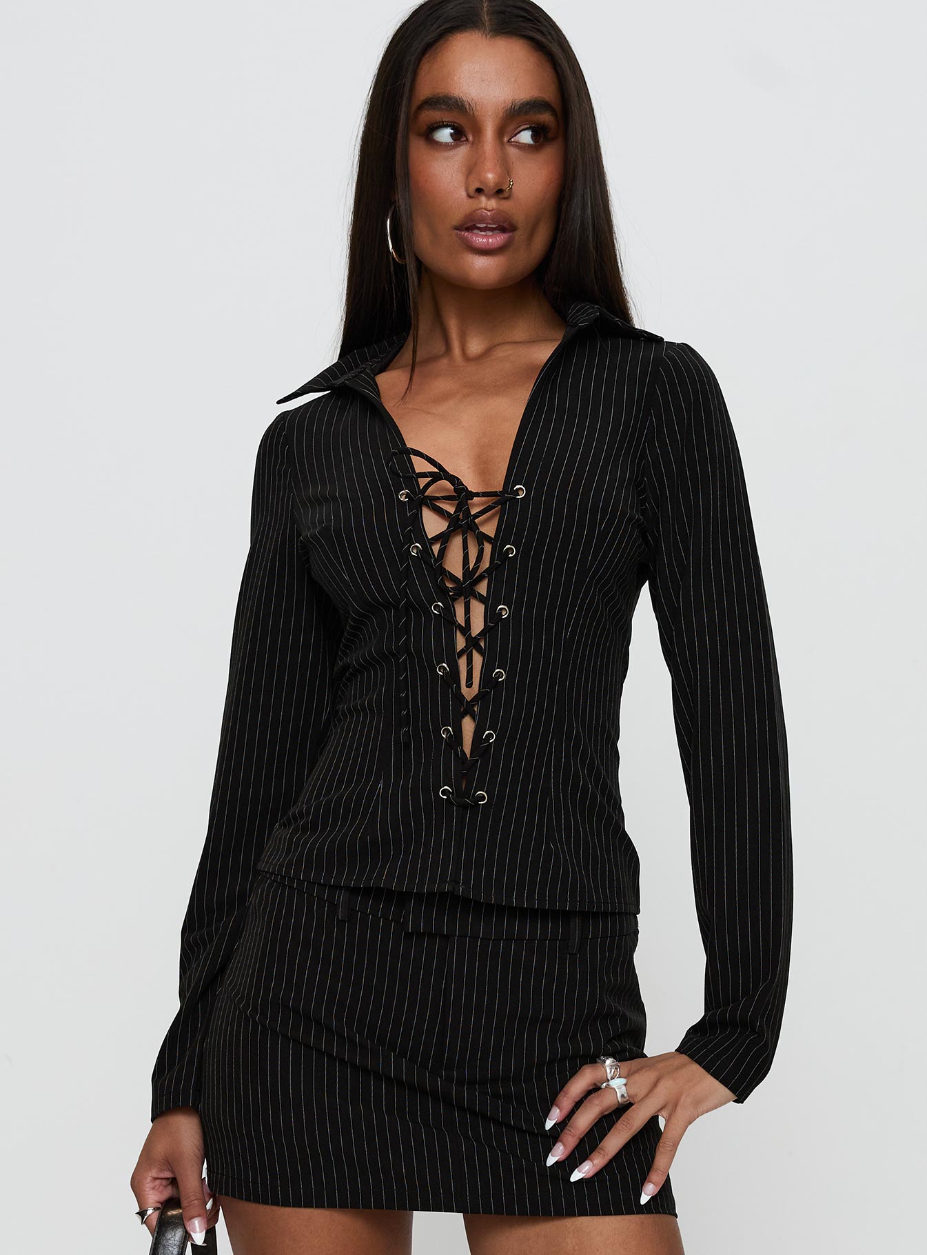 Alternative view of Feminique Tie Up Long Sleeve Top Black Stripe