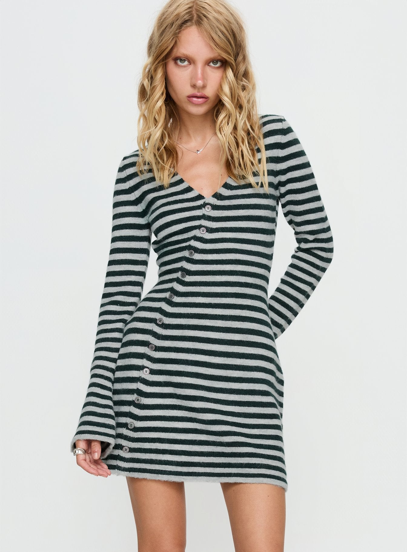 Alternative view of Morgen Asymmetrical Long Sleeve Mini Dress Grey / Green Stripe