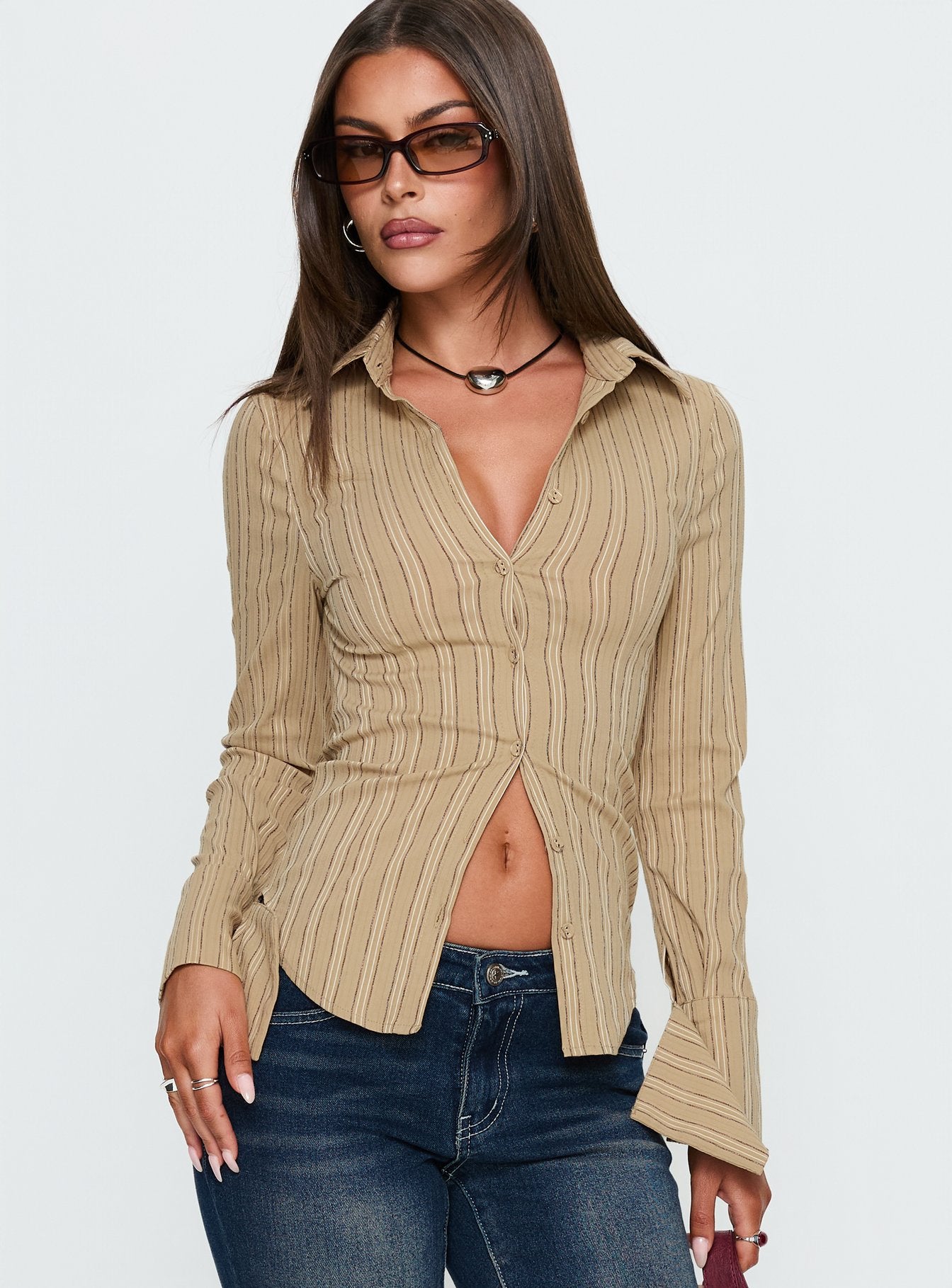 Alternative view of Madlin Long Sleeve Top Brown Stripe