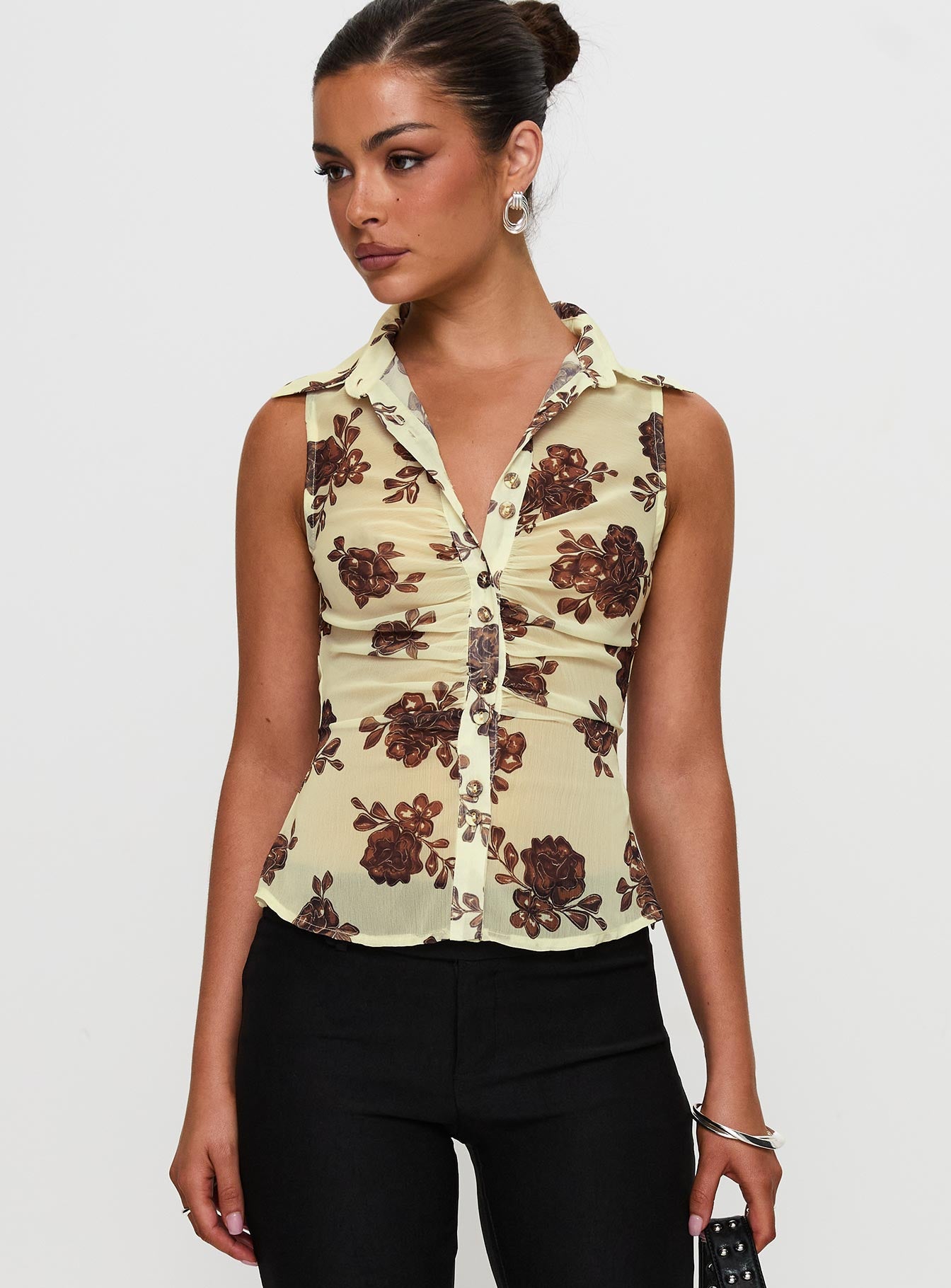 Alternative view of Present Tense Sheer Ruched Top Yellow Floral