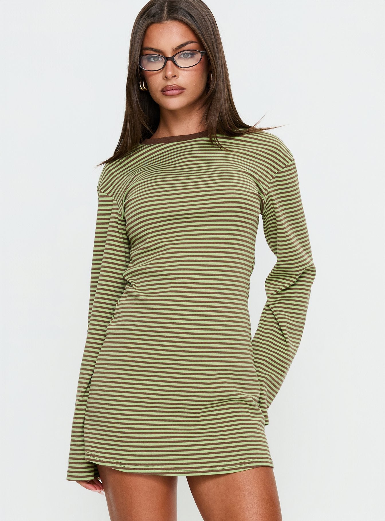 Lulolah Long Sleeve Mini Dress Green / Chocolate Stripe - Image 2