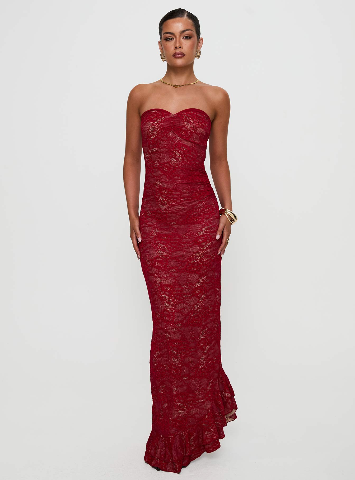 Alternative view of Hailees Lace Strapless Maxi Dress Red