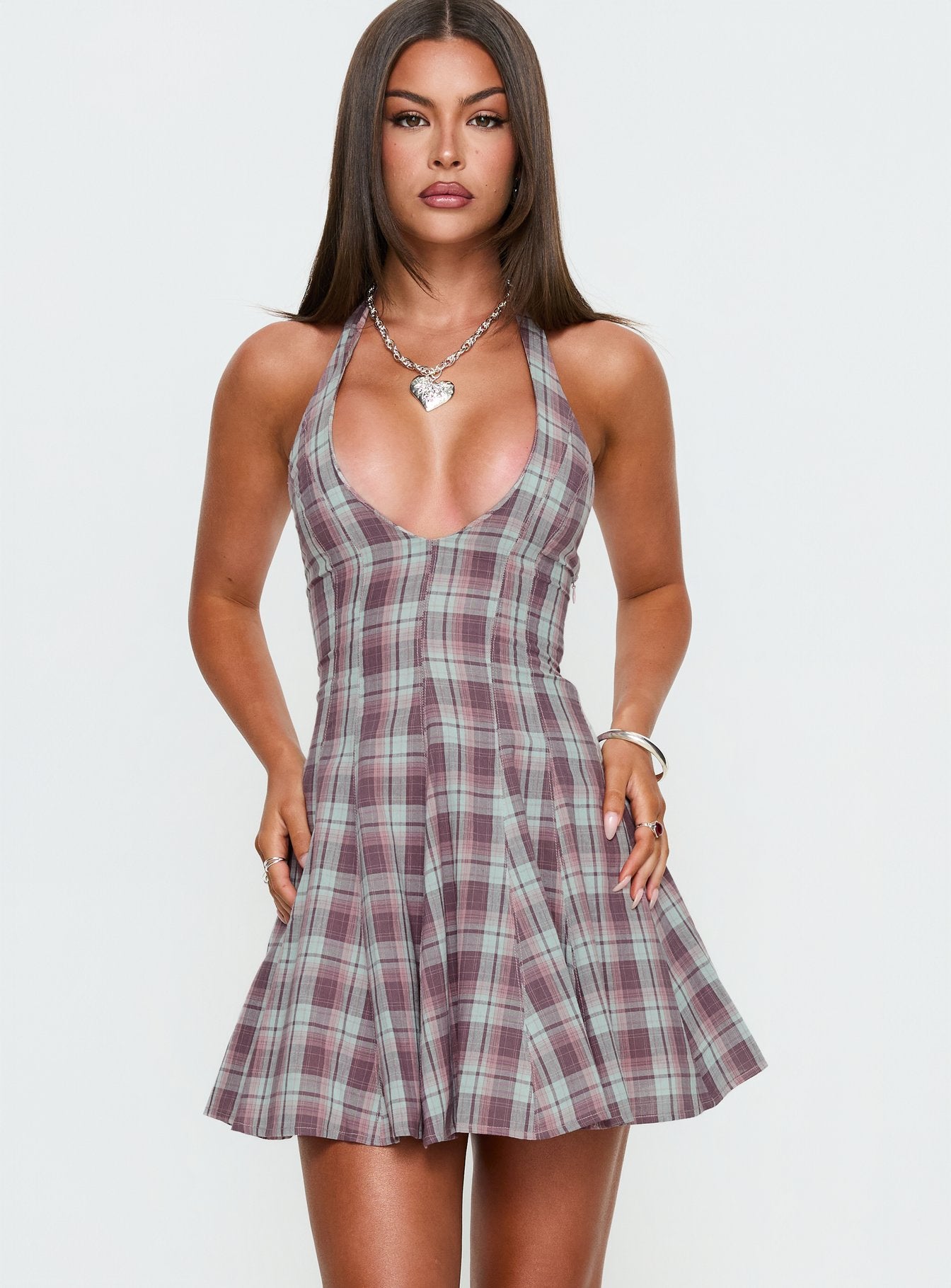 Alternative view of Out Of Nowhere Halter Mini Dress Burgundy / Pink Check