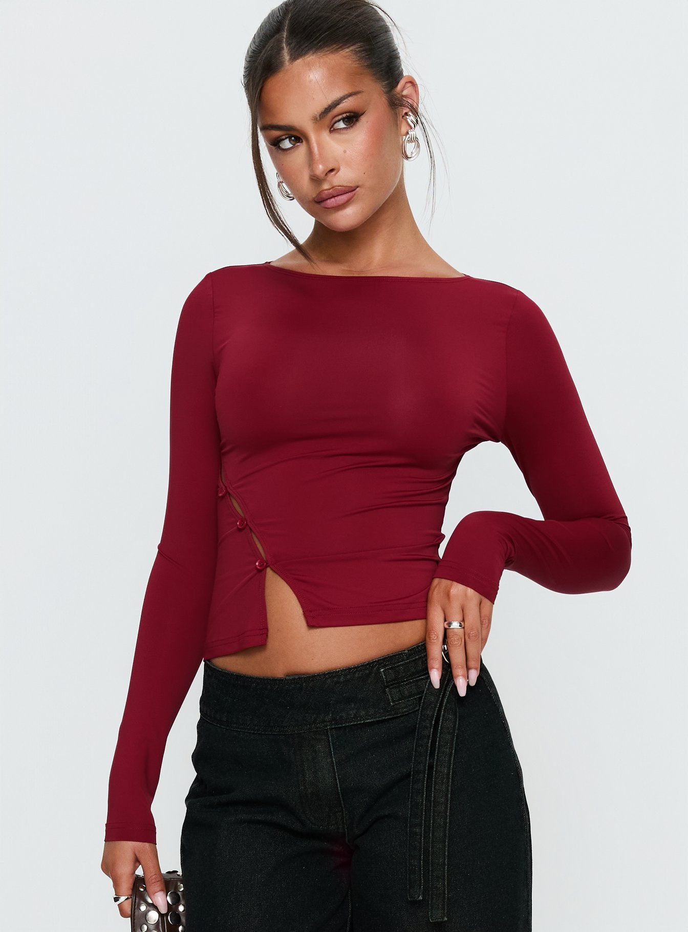Alternative view of Crowded Room Button Up Long Sleeve Top Wine