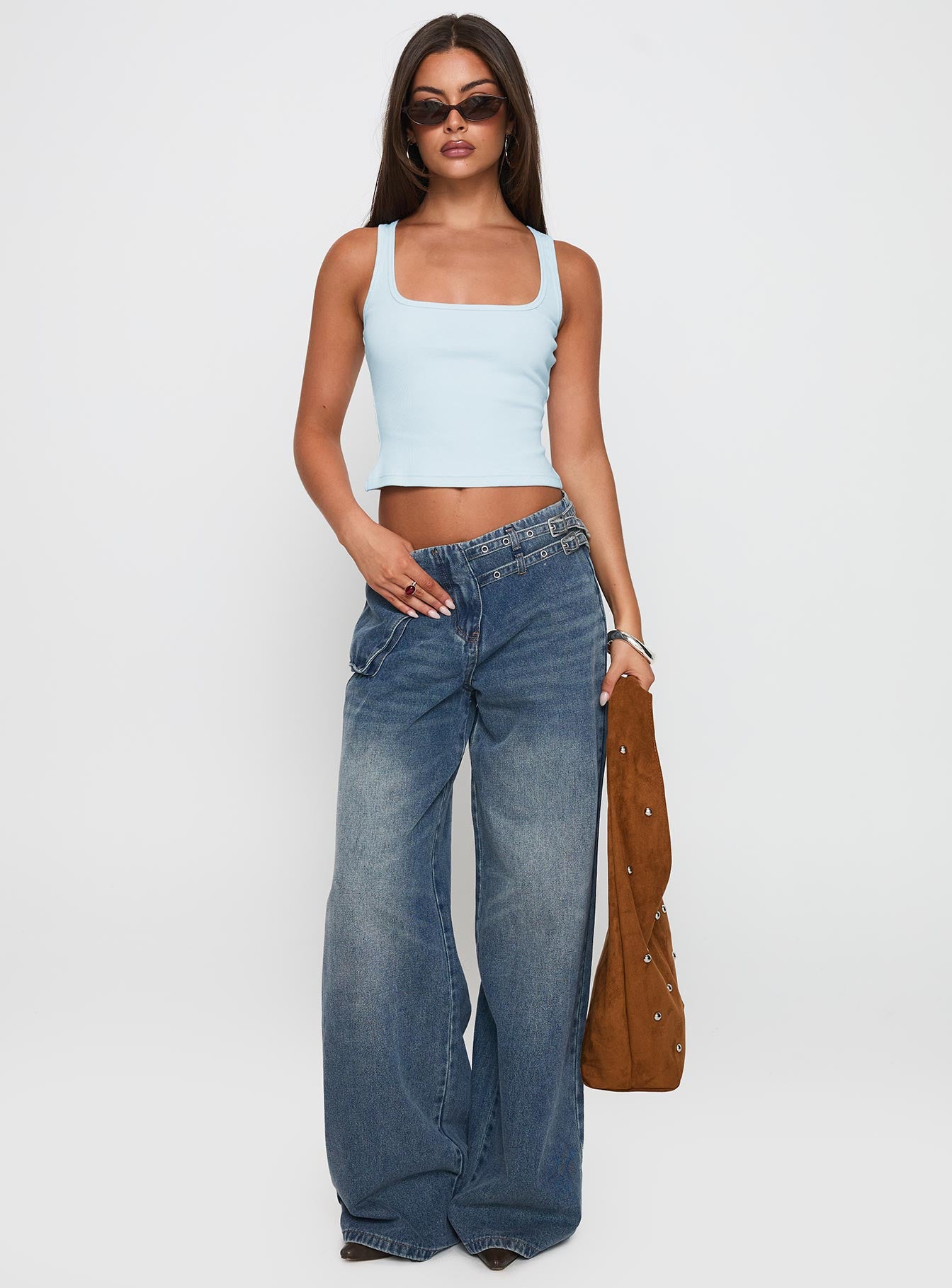Alternative view of Paltrow Mid Rise Wide Leg Cargo Jeans Mid Blue Wash Petite