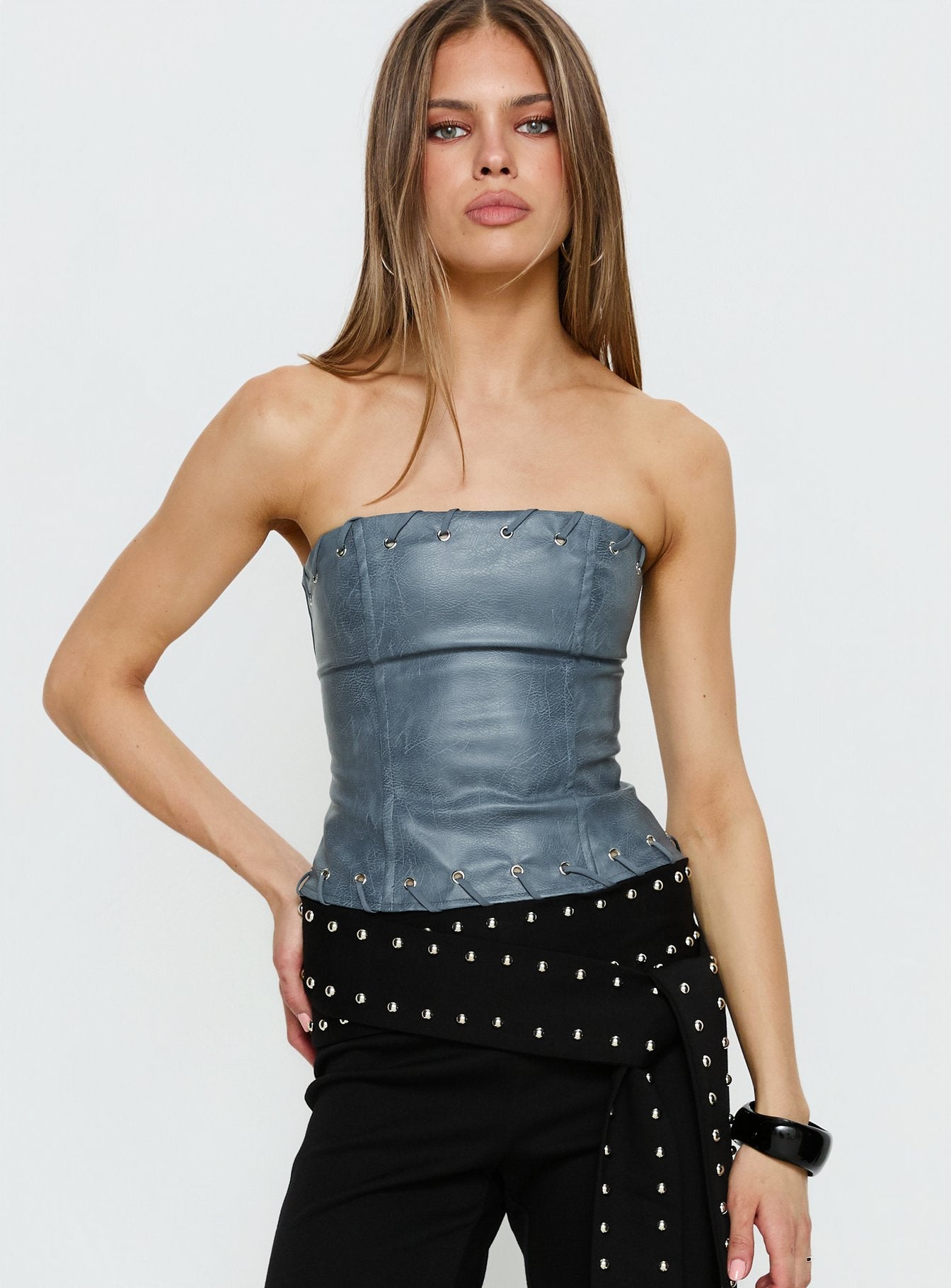 Alternative view of Pammie Faux Leather Strapless Top Blue