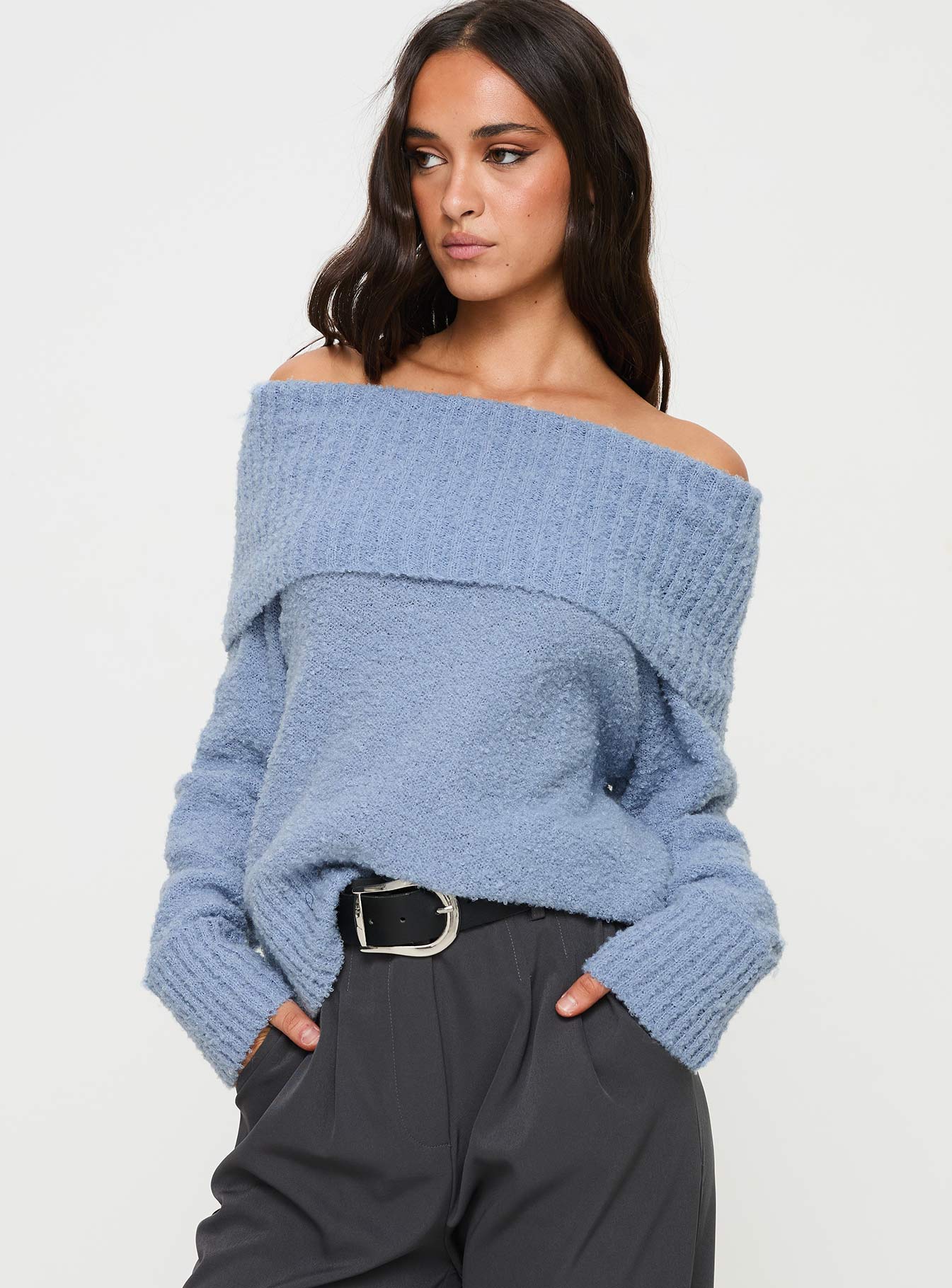 Alternative view of Parkley Boucle Off The Shoulder Sweater Blue