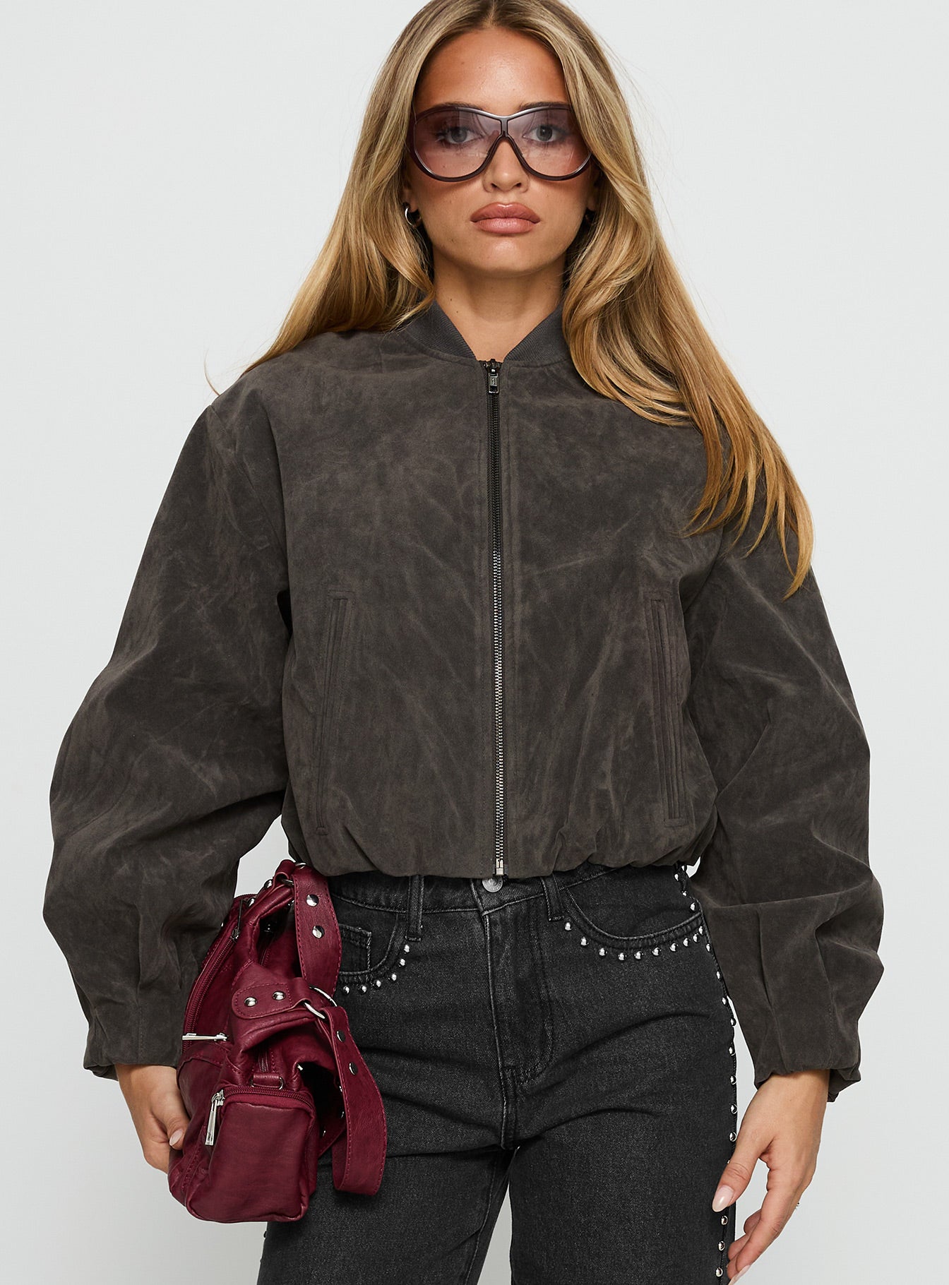 Alternative view of Mastery Faux Suede Bomber Jacket Charcoal