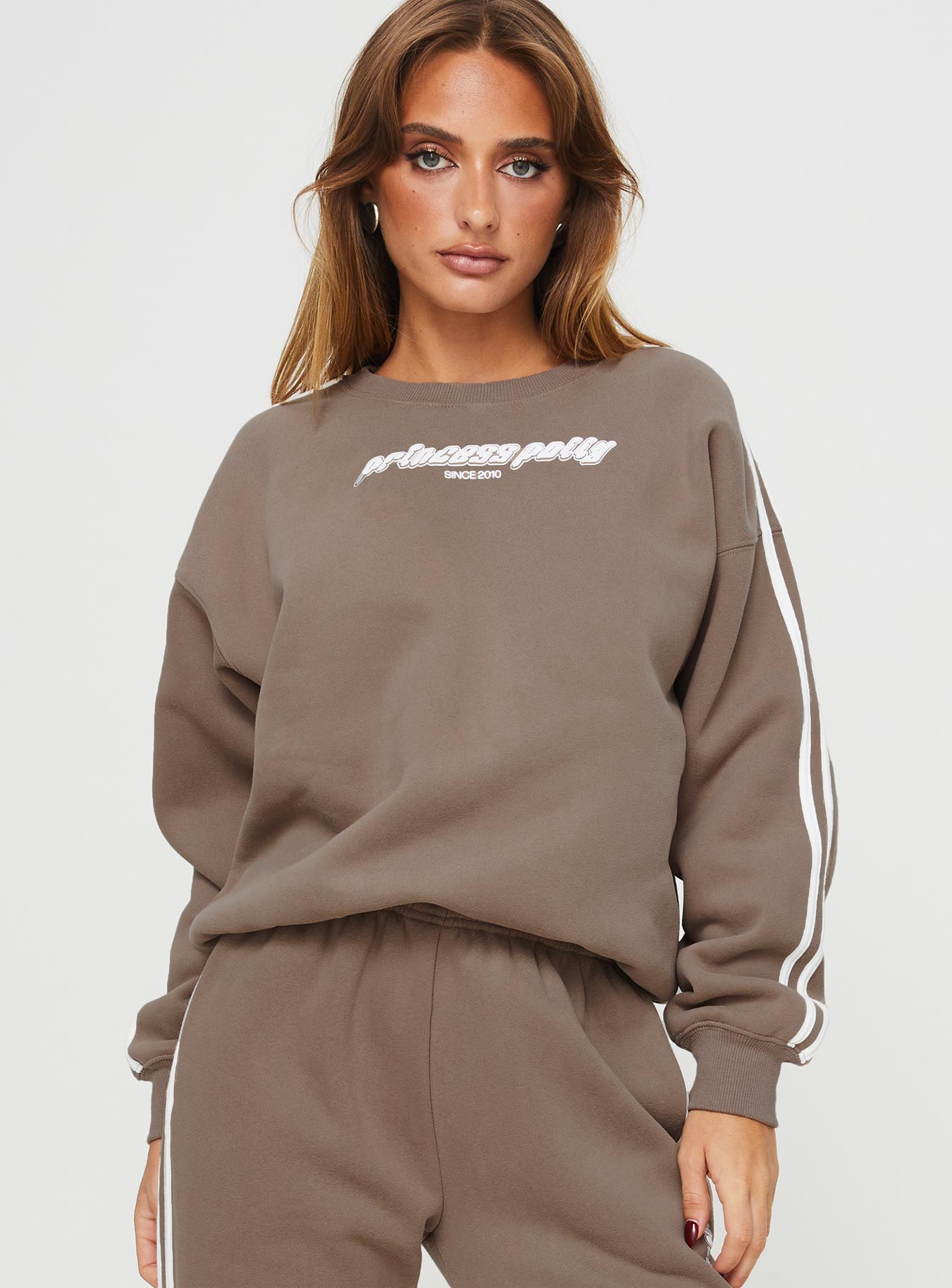Alternative view of Princess Polly Crew Neck Sweatshirt Stripe Taupe / White