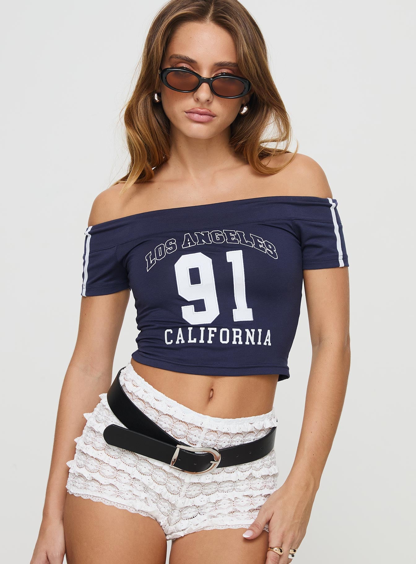 Alternative view of Serendipia Off The Shoulder Graphic Top Navy