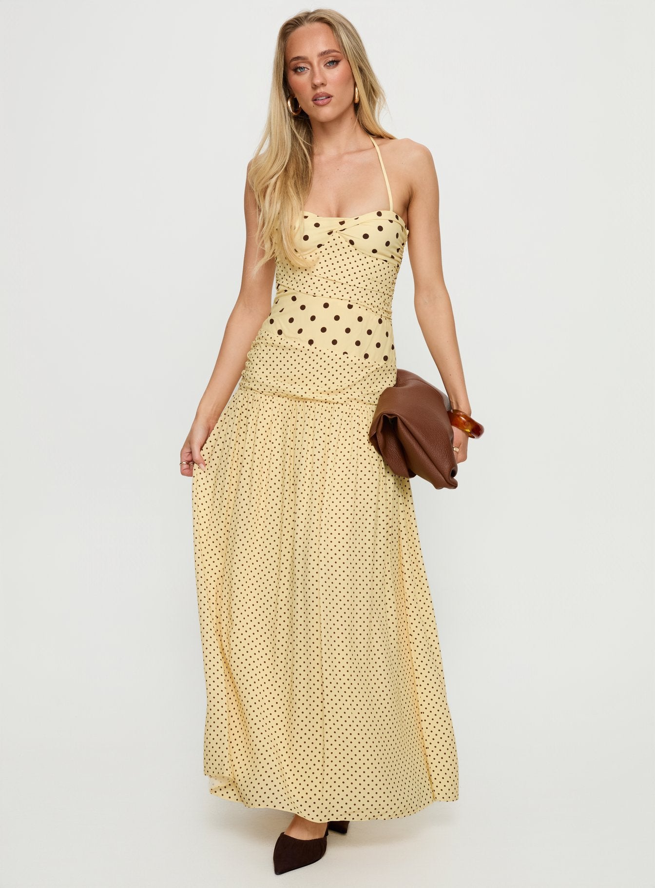 Alternative view of Marguerite Halter Maxi Dress Lemon / Brown Polka Dot