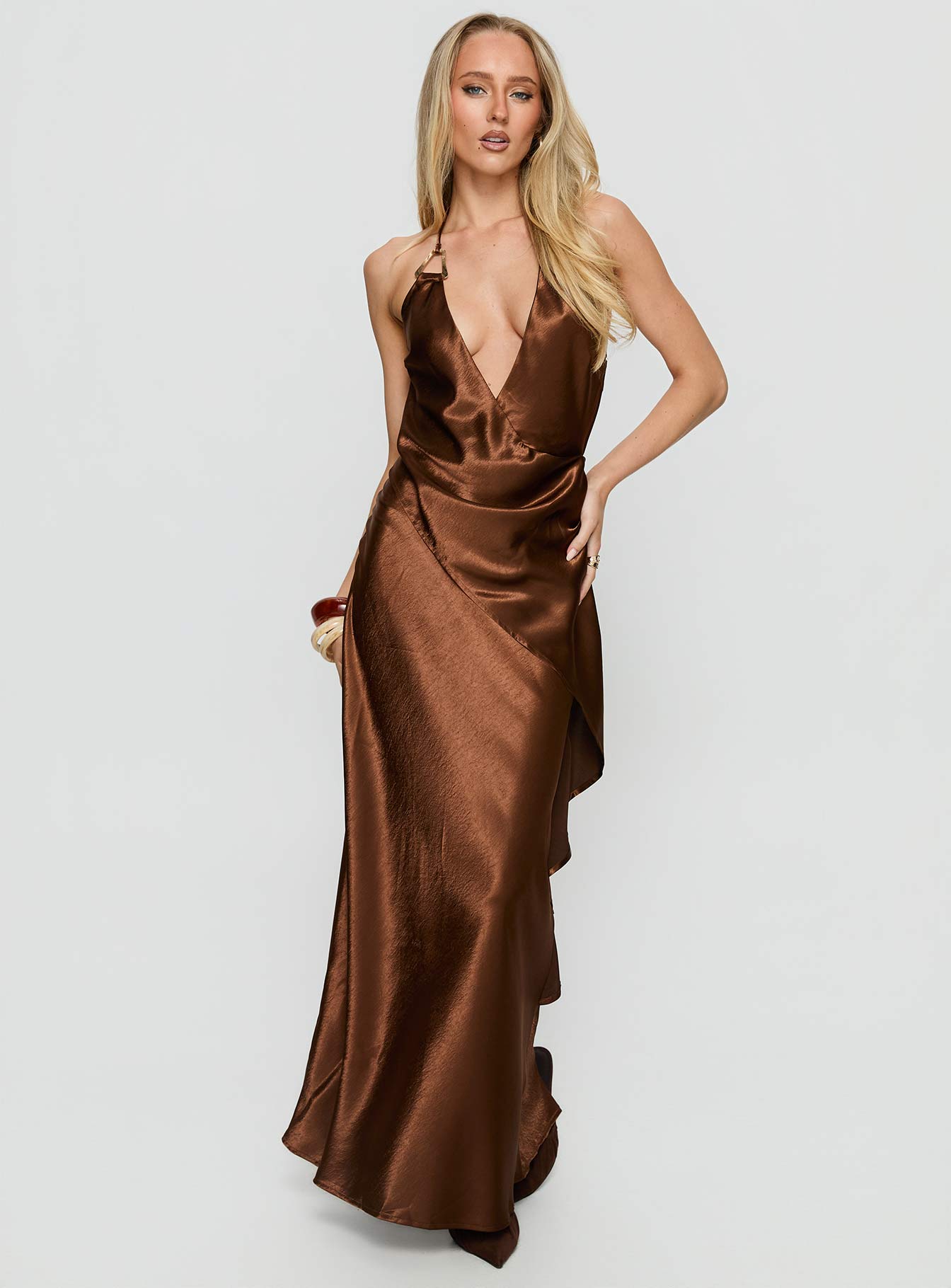 Alternative view of Annissa Plunge Halter Maxi Dress Dark Brown