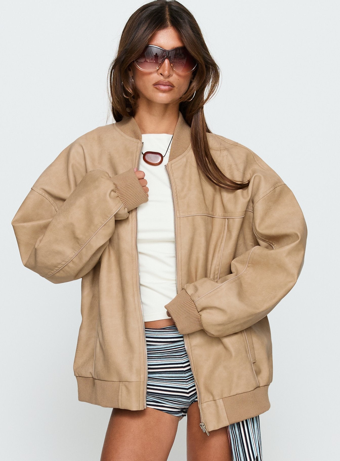 Alternative view of Believe It Faux Leather Bomber Jacket Washed Stone