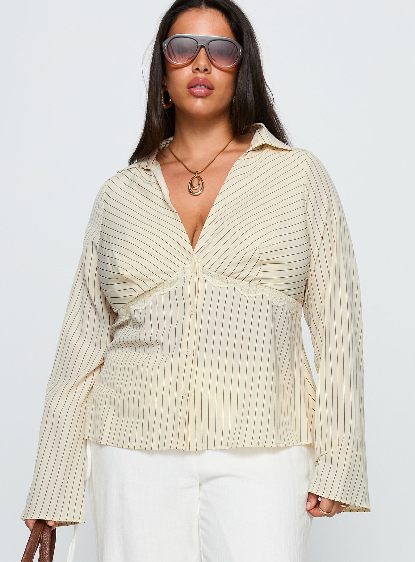 Alternative view of Life Begins Long Sleeve Lace Trim Top Cream Stripe Curve